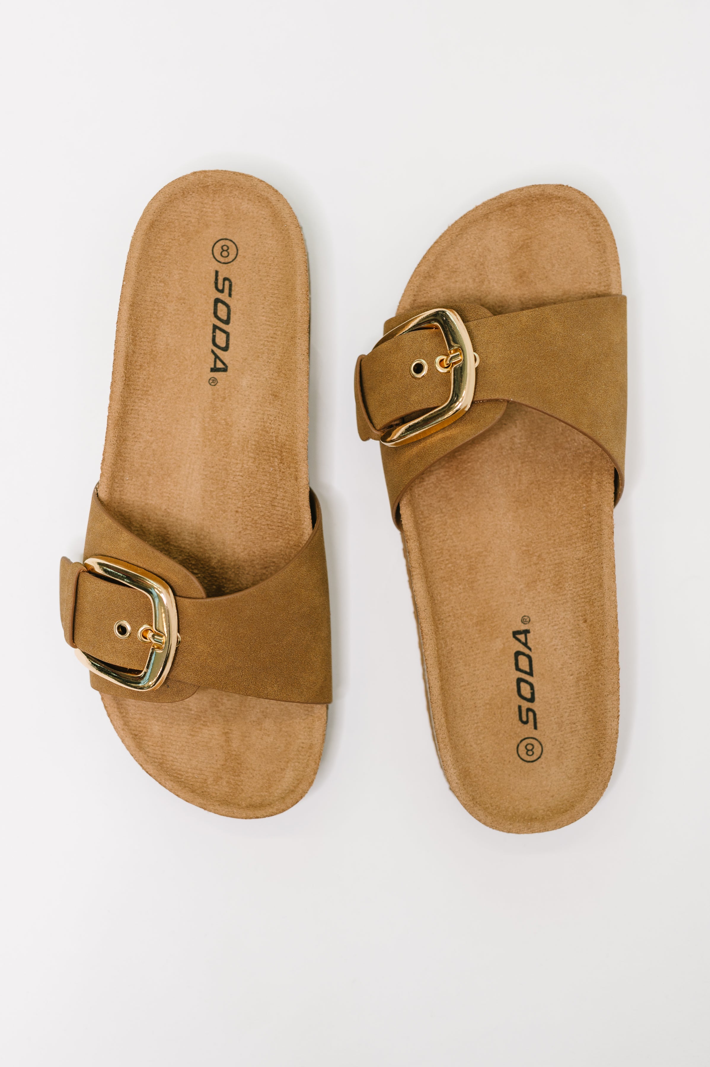 Lizzy Slip On Buckle Strap Sandal in Tan - Charming Charlie