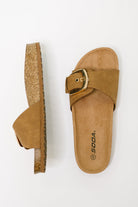 Lizzy Slip On Buckle Strap Sandal in Tan - Charming Charlie