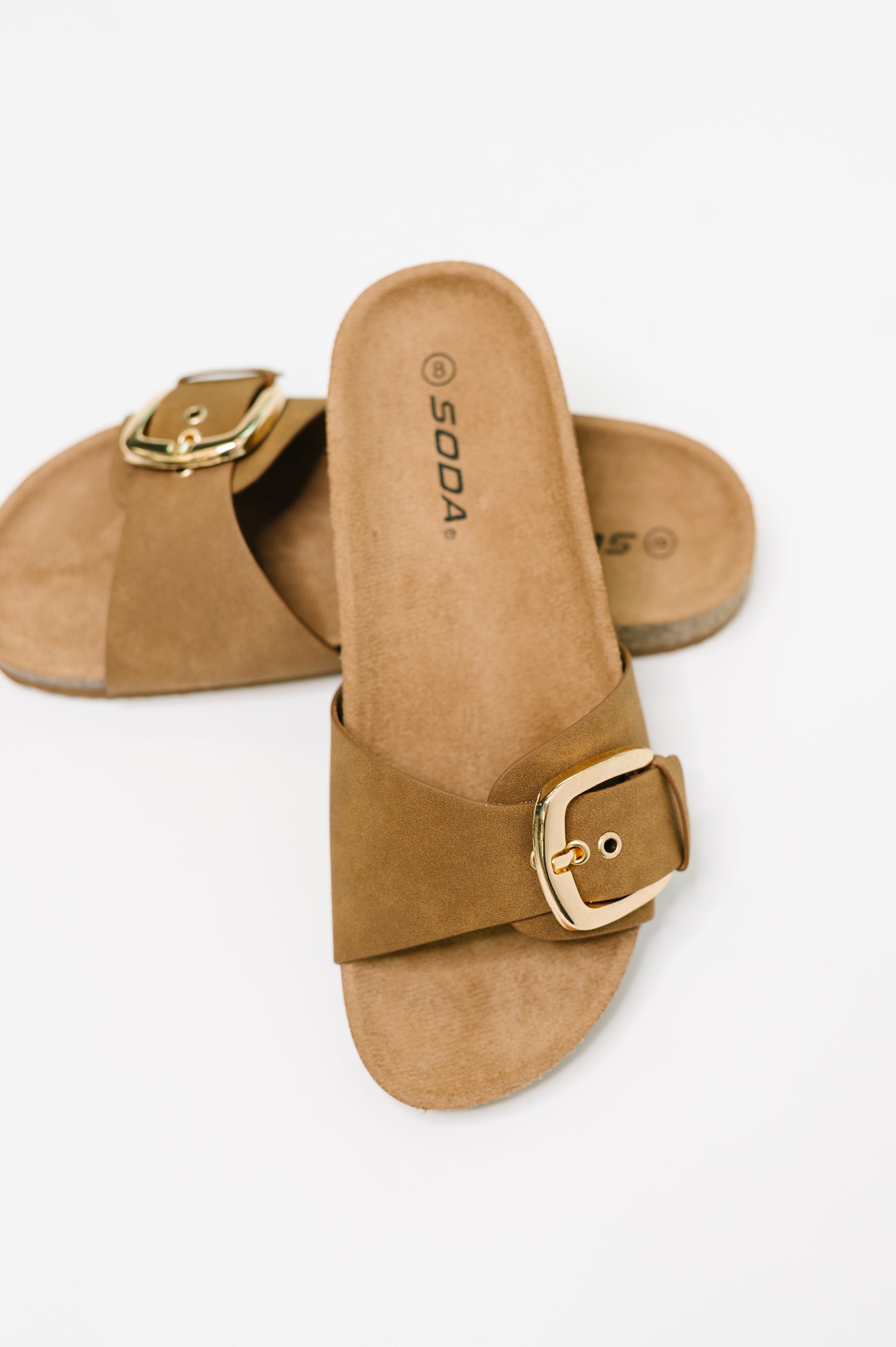 Lizzy Slip On Buckle Strap Sandal in Tan - Charming Charlie