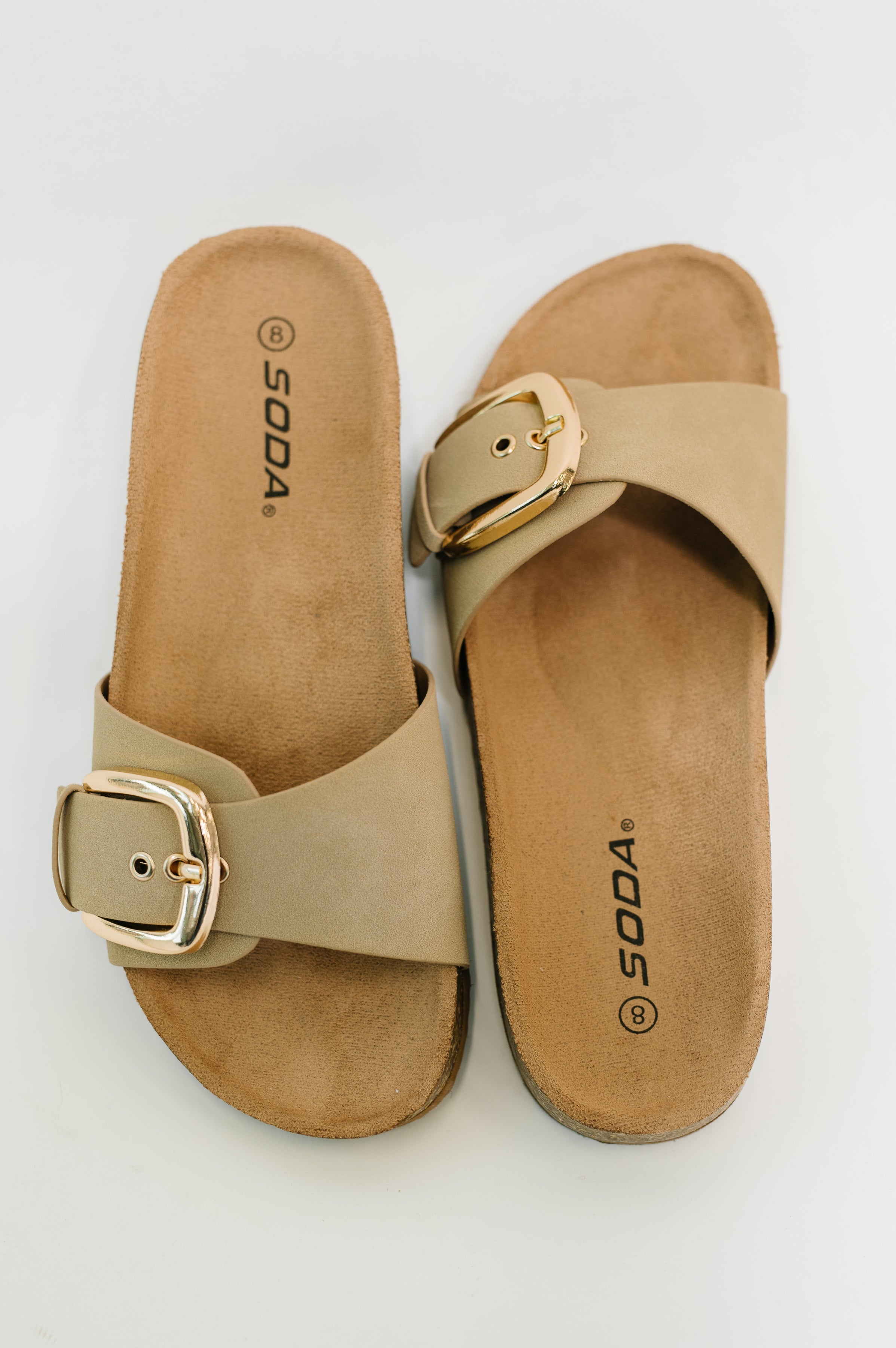 Lizzy Slip on Buckle Strap Sandal in Taupe - Charming Charlie