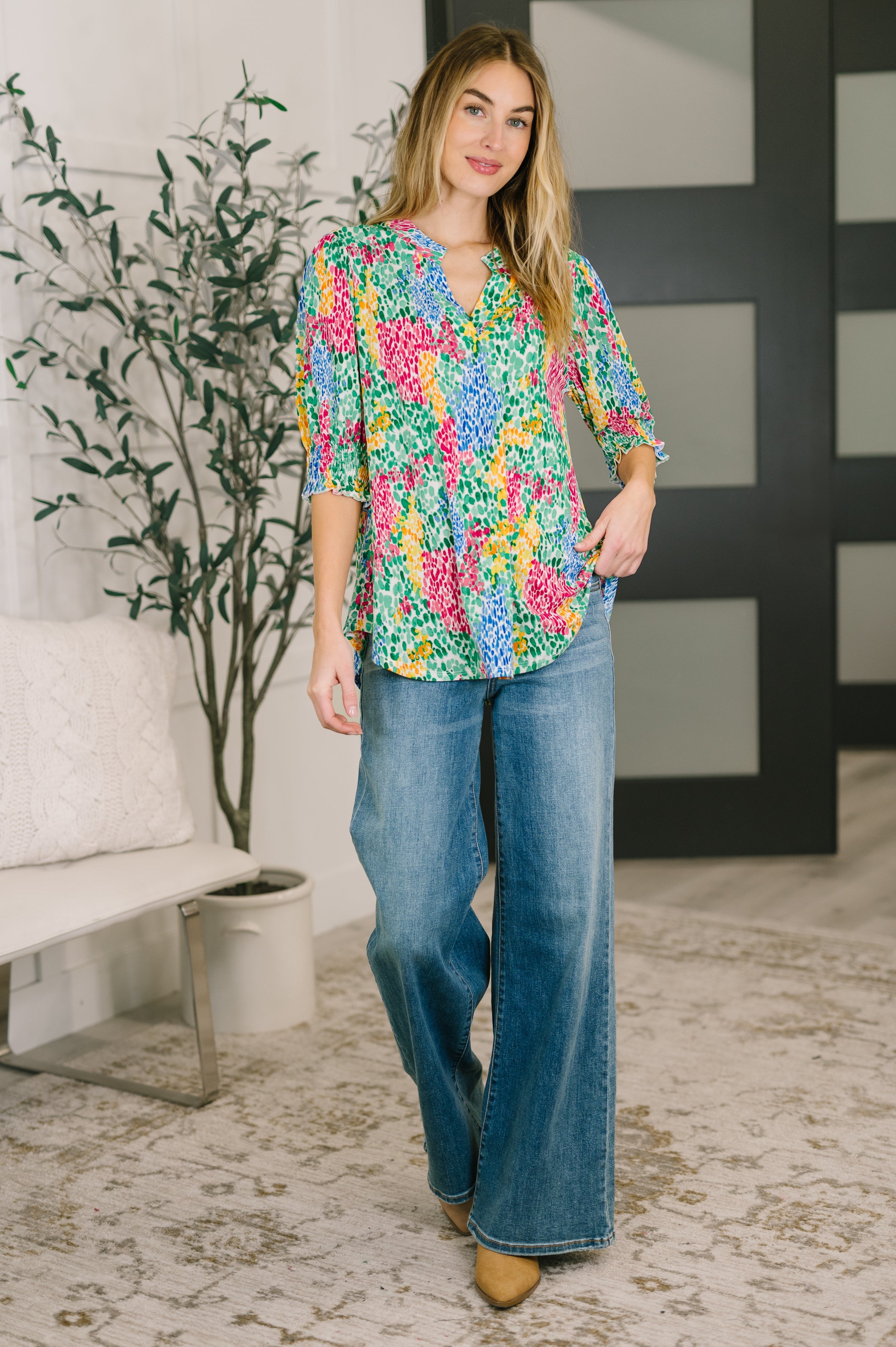Lizzy Smock Top in Light Multi Painted - Charming Charlie
