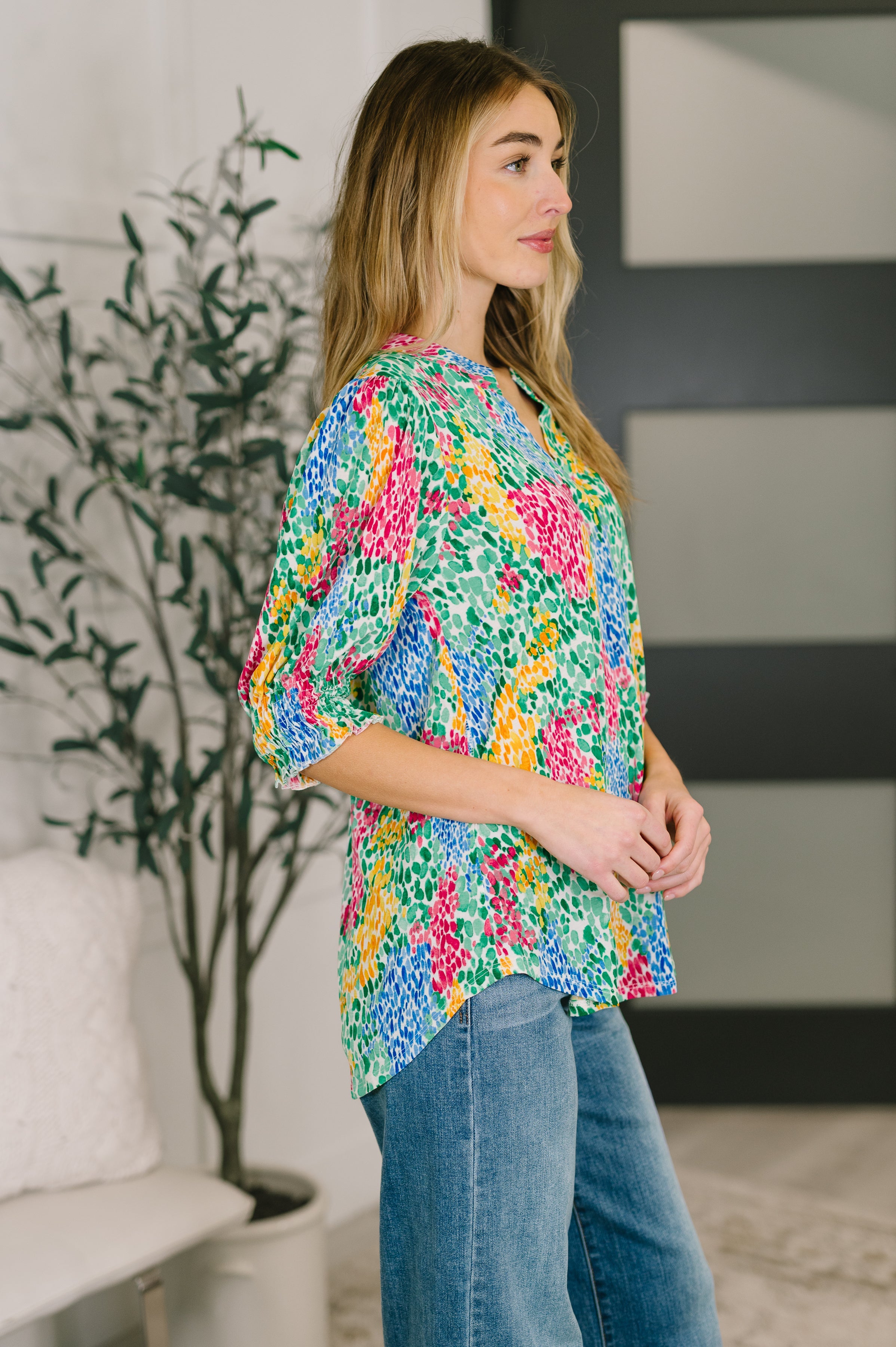 Lizzy Smock Top in Light Multi Painted - Charming Charlie