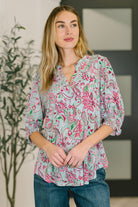 Lizzy Smock Top in Mint and Pink Floral Paisley - Charming Charlie