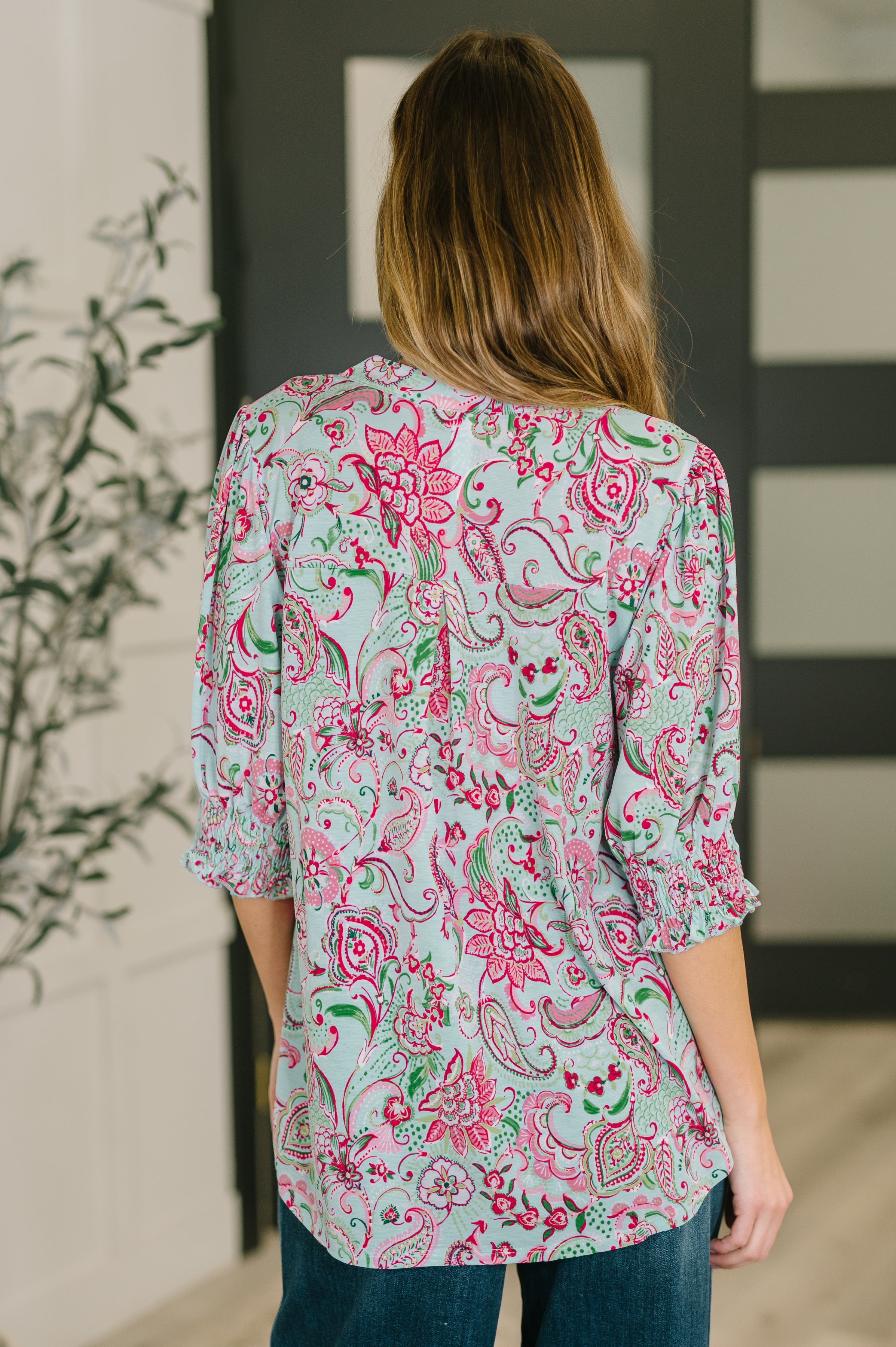 Lizzy Smock Top in Mint and Pink Floral Paisley - Charming Charlie