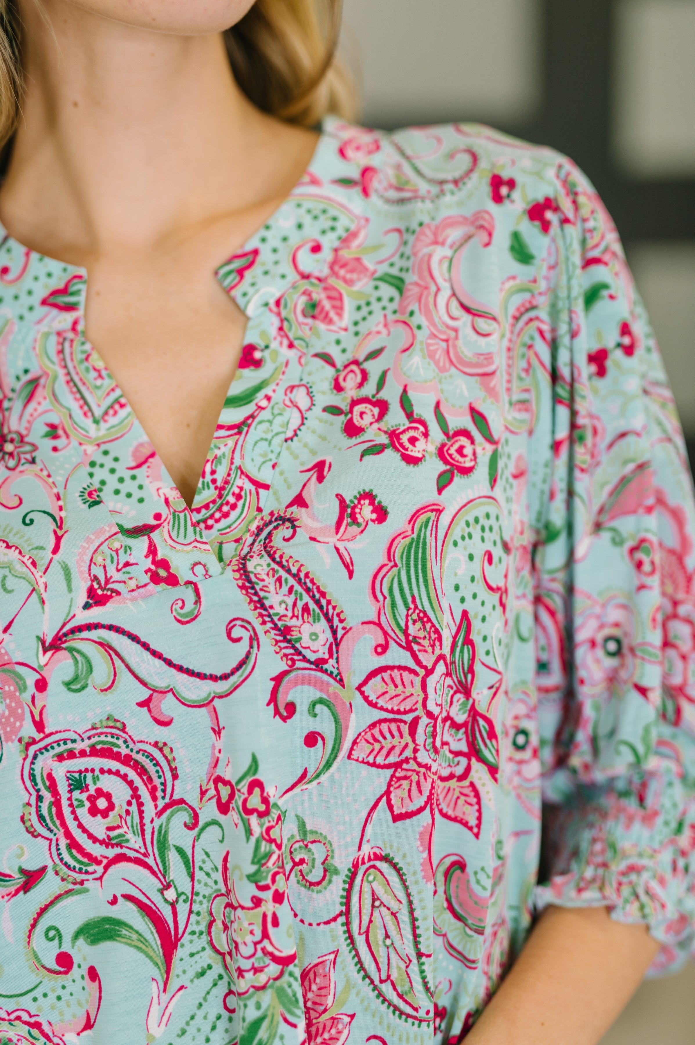 Lizzy Smock Top in Mint and Pink Floral Paisley - Charming Charlie
