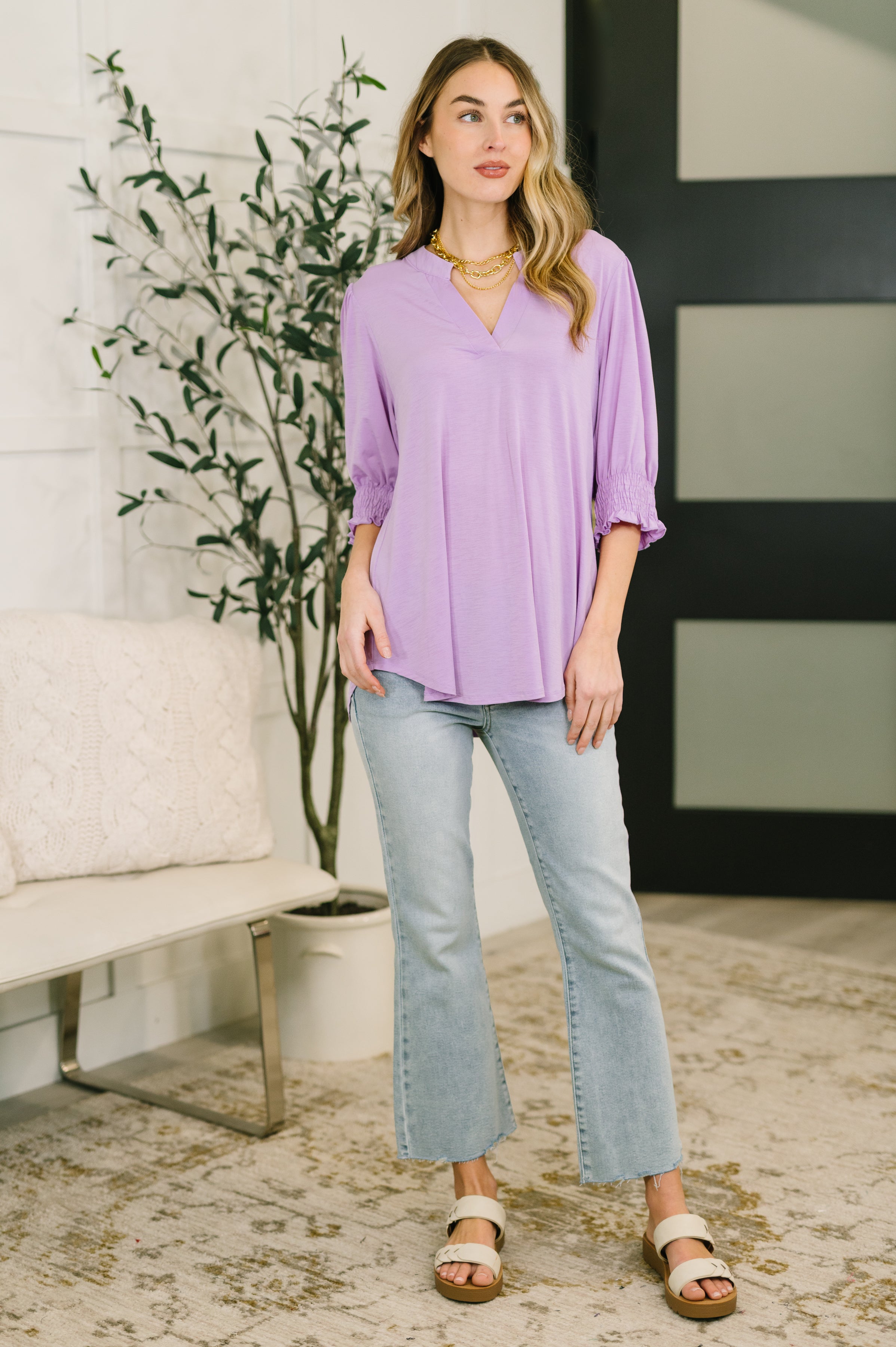 Lizzy Smock Top in Orchid Bloom - Charming Charlie