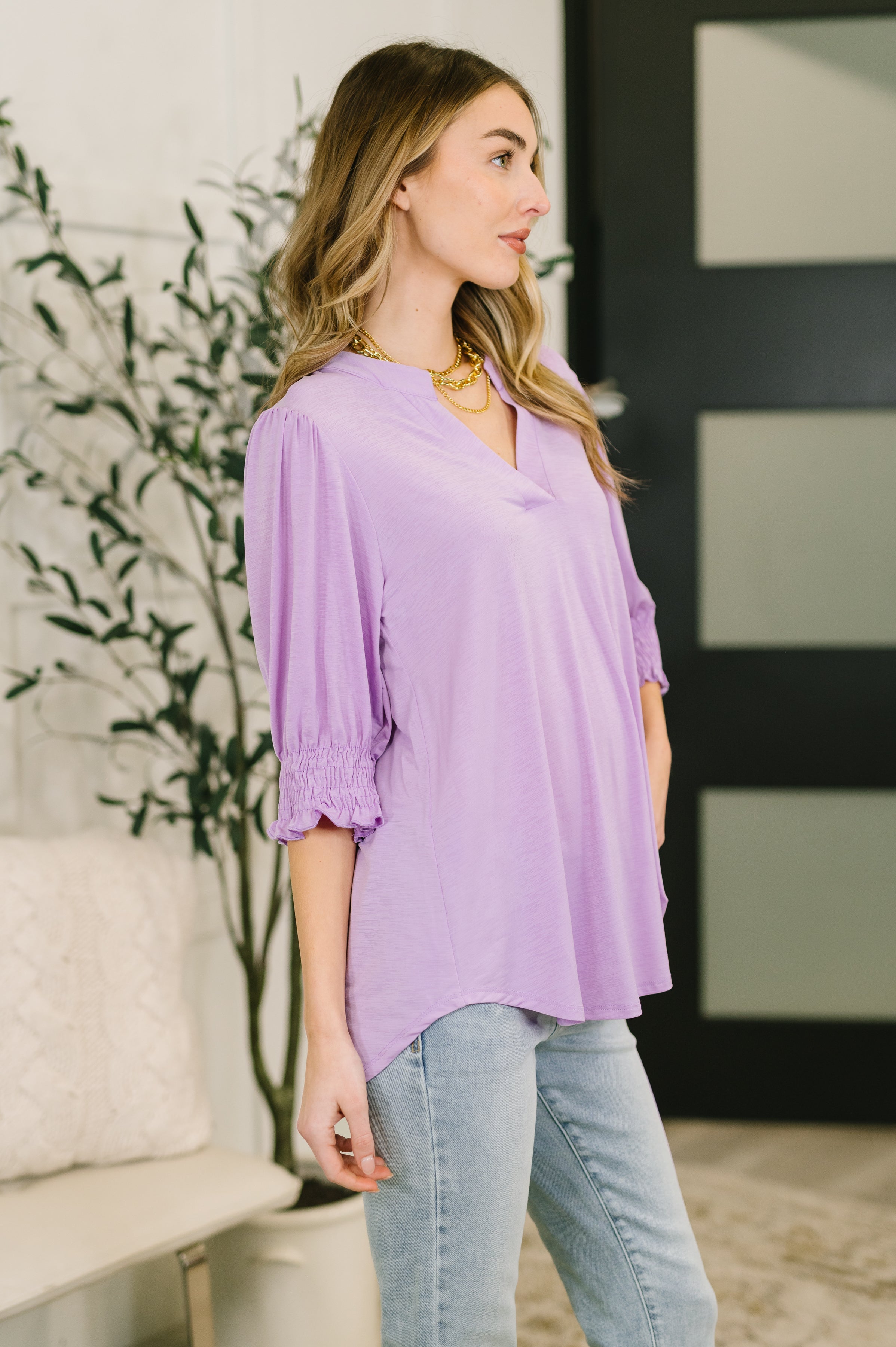 Lizzy Smock Top in Orchid Bloom - Charming Charlie