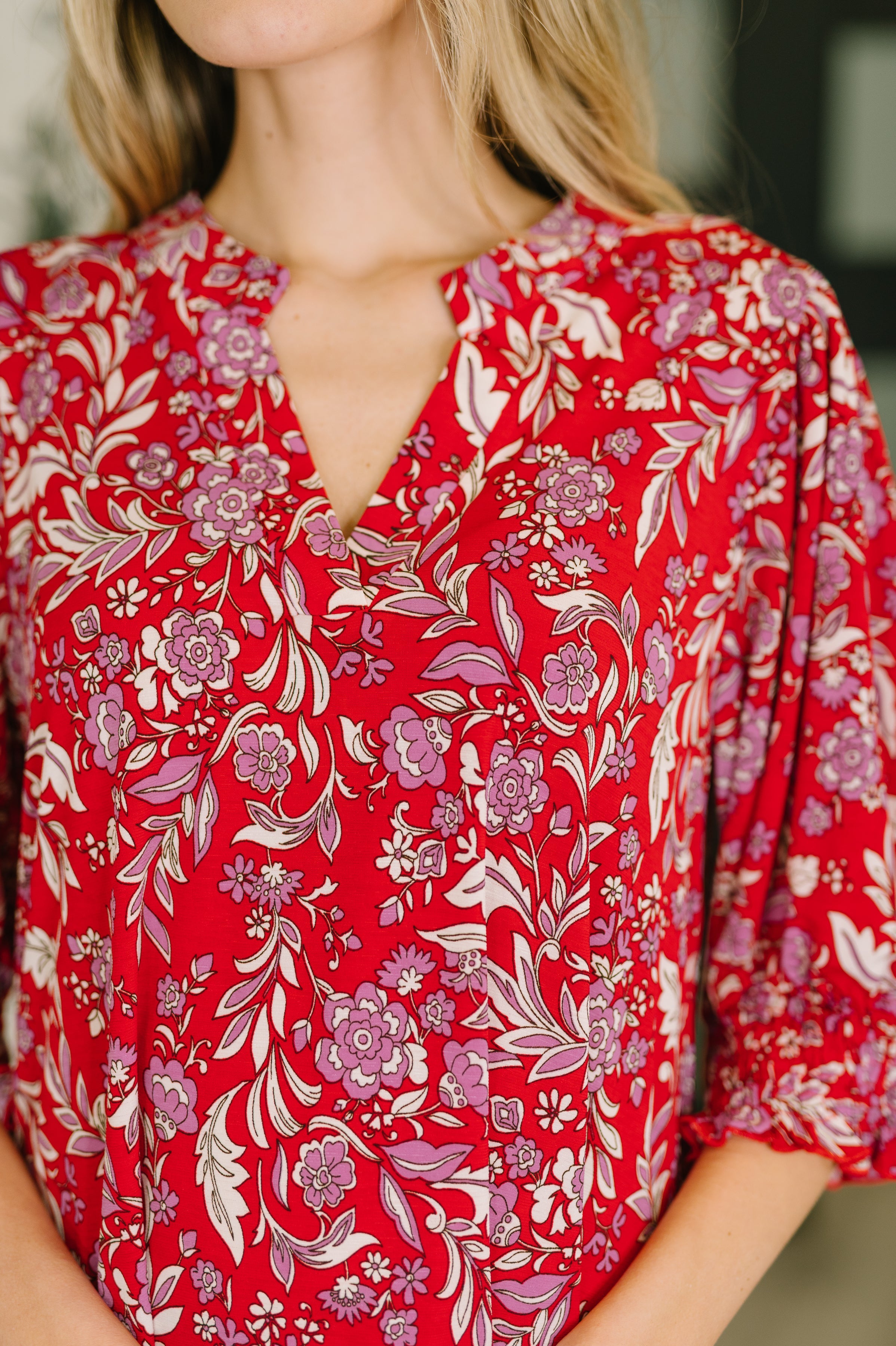Lizzy Smock Top in Red and Pink Floral - Charming Charlie