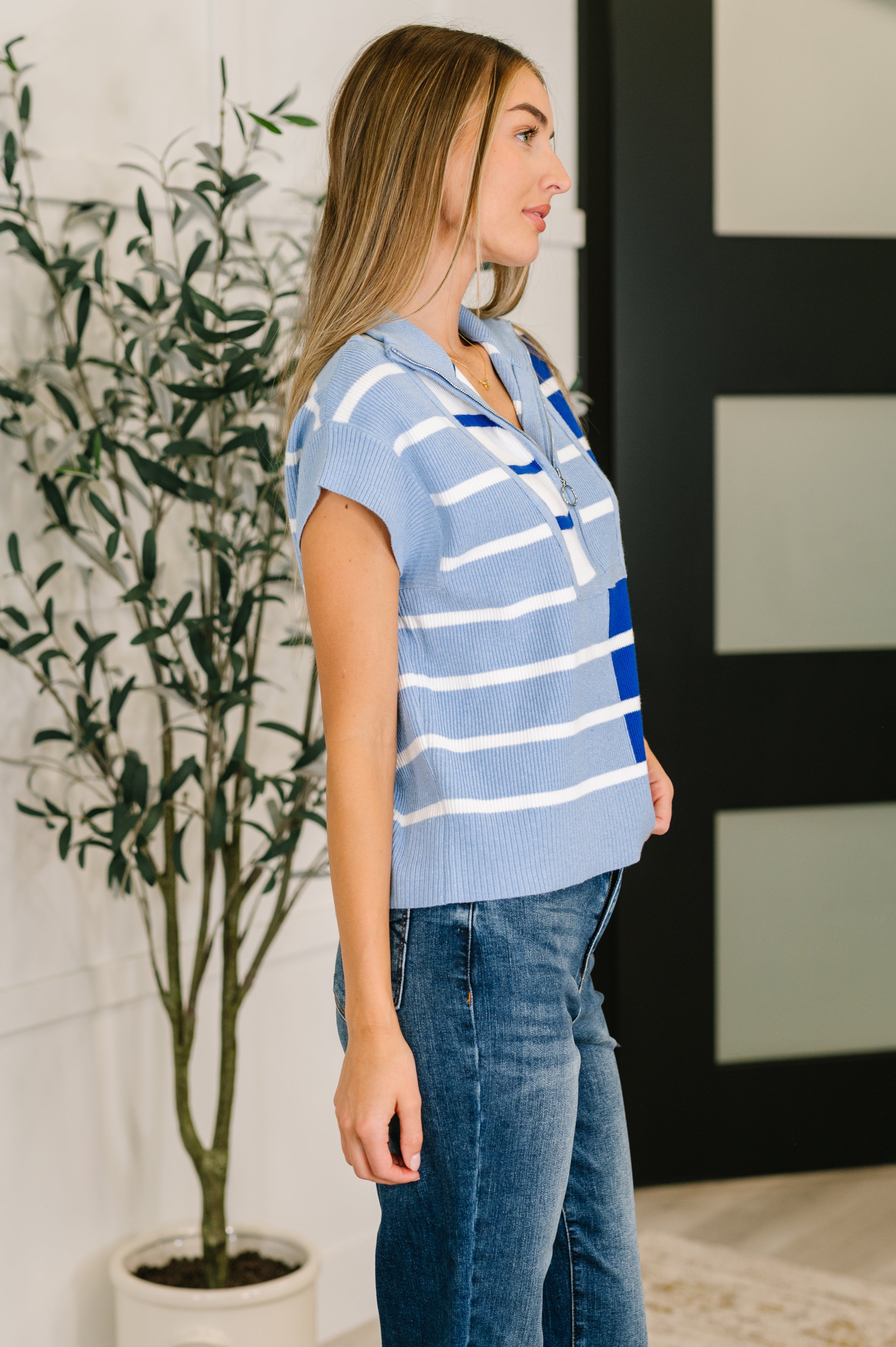 Lonely Traveler Striped Quarter Zip Vest in Blue - Charming Charlie
