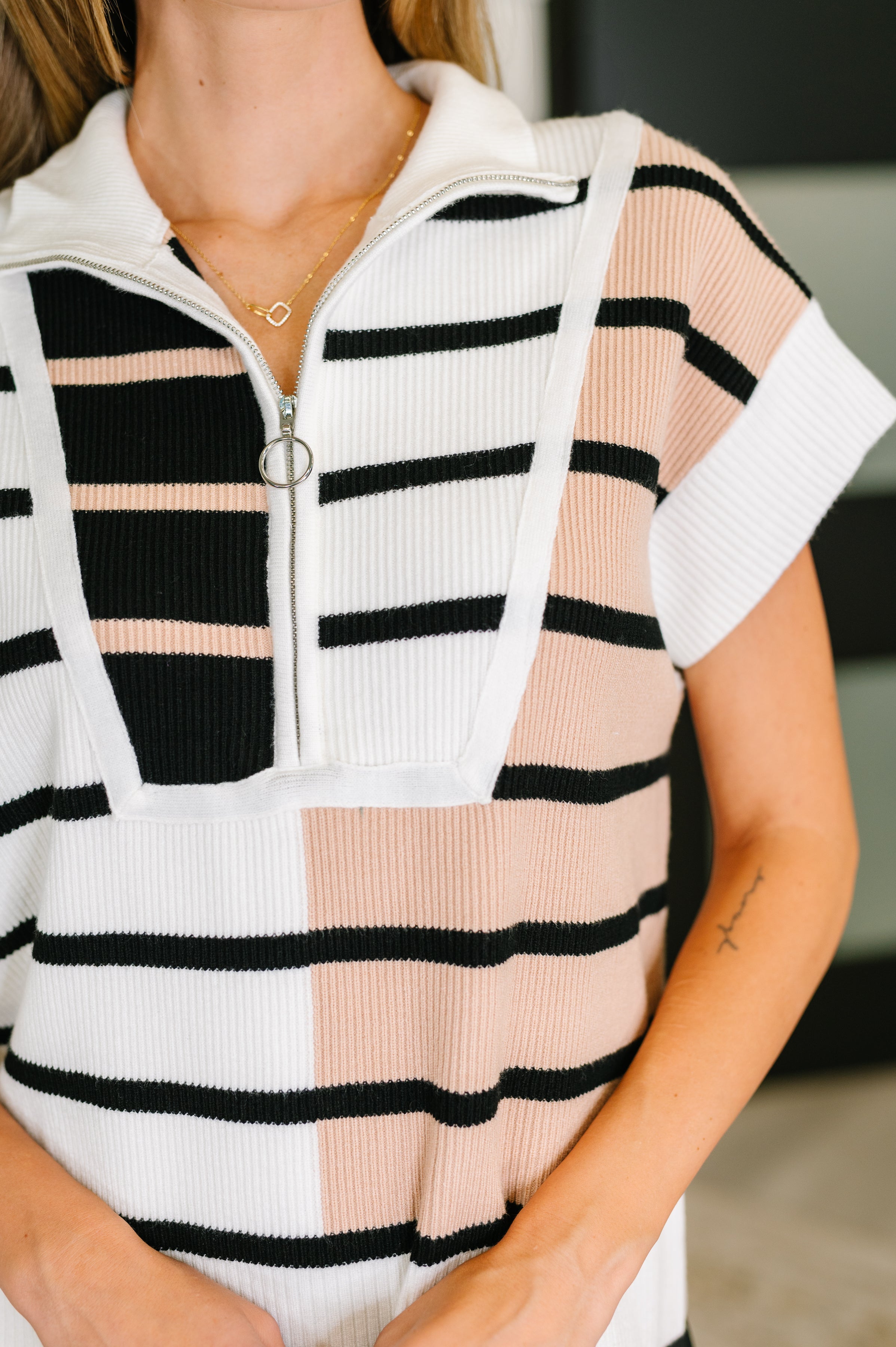 Lonely Traveler Striped Quarter Zip Vest in White - Charming Charlie