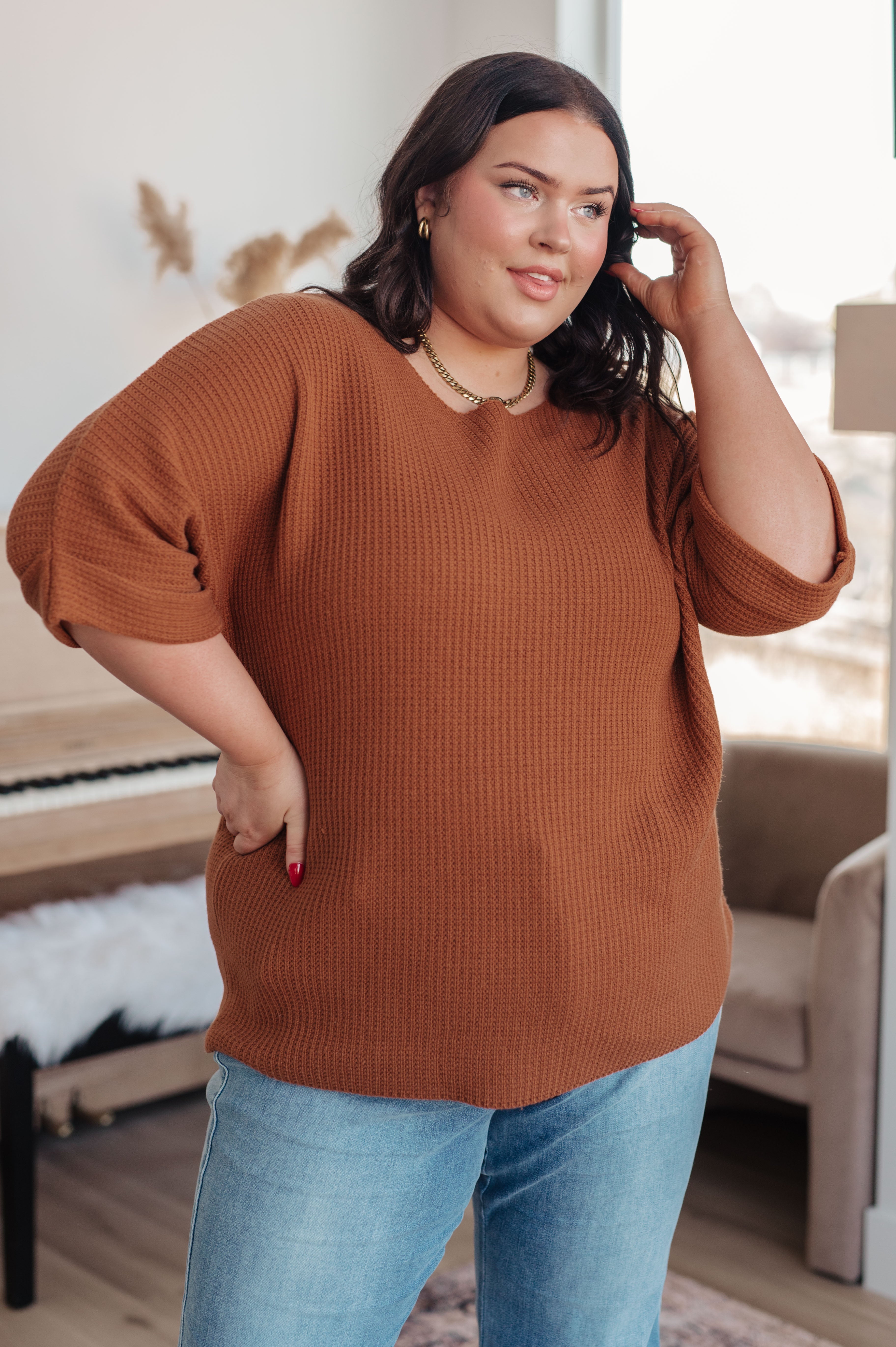 Lotta Love Knitted Sweater Top in Rust - Charming Charlie