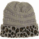 Lt-Grey- Matching Cuff Leopard Print CC Beanie combines expert craftsmanship with standout style. Designed with a comfortable cuff and eye-catching leopard pattern, this beanie offers reliable warmth and a fashionable look. Its stretchy fabric ensures a secure fit for extended wear, making it an ideal accessory for cool weather while enhancing your seasonal wardrobe with a touch of wild sophistication. 