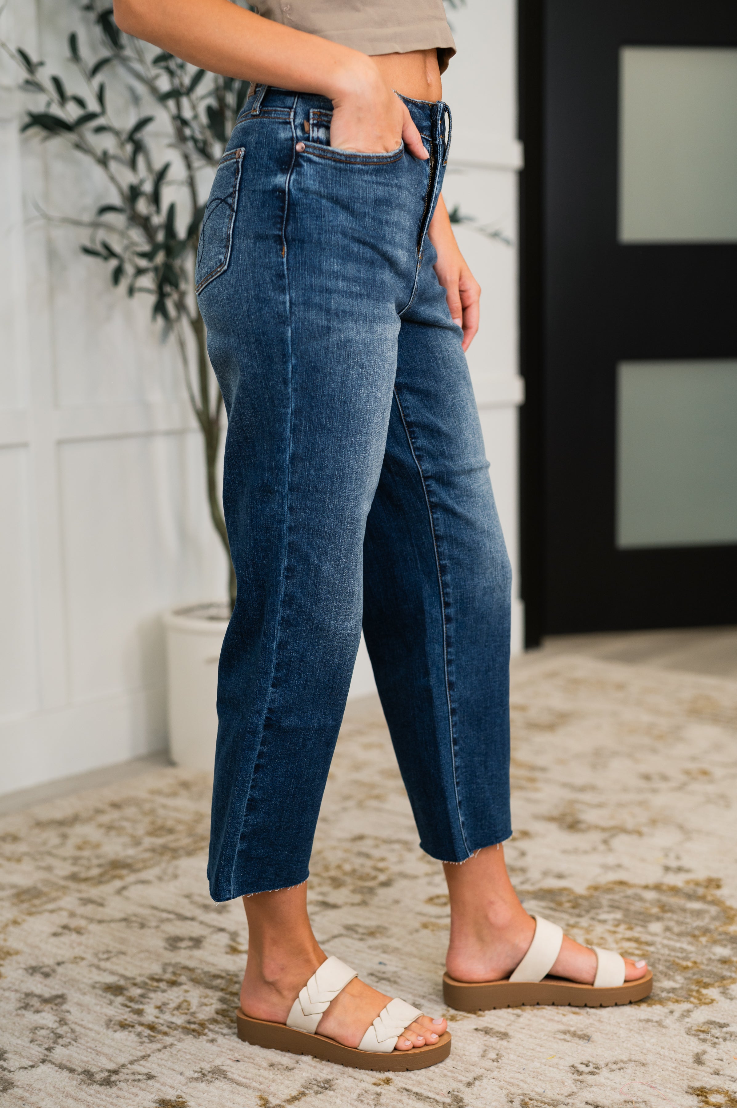 Maisie High Waist Back Pocket Embroidery Crop Wide - Charming Charlie