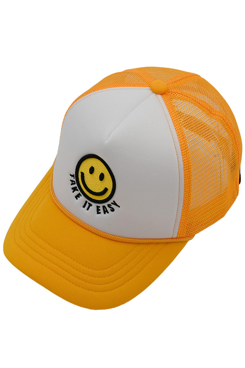 Mango C.C TAKE IT EASY Smiley Face Trucker Cap is the perfect addition to your casual wardrobe. Made with durable materials, this cap offers a comfortable fit and features a fun smiley face design. Stay cool and stylish while protecting your face from the sun