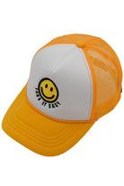 Mango C.C TAKE IT EASY Smiley Face Trucker Cap is the perfect addition to your casual wardrobe. Made with durable materials, this cap offers a comfortable fit and features a fun smiley face design. Stay cool and stylish while protecting your face from the sun