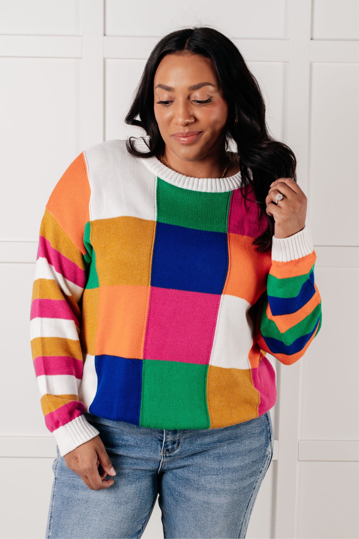 Manifesting Moment Checkered Color Block Sweater - Charming Charlie