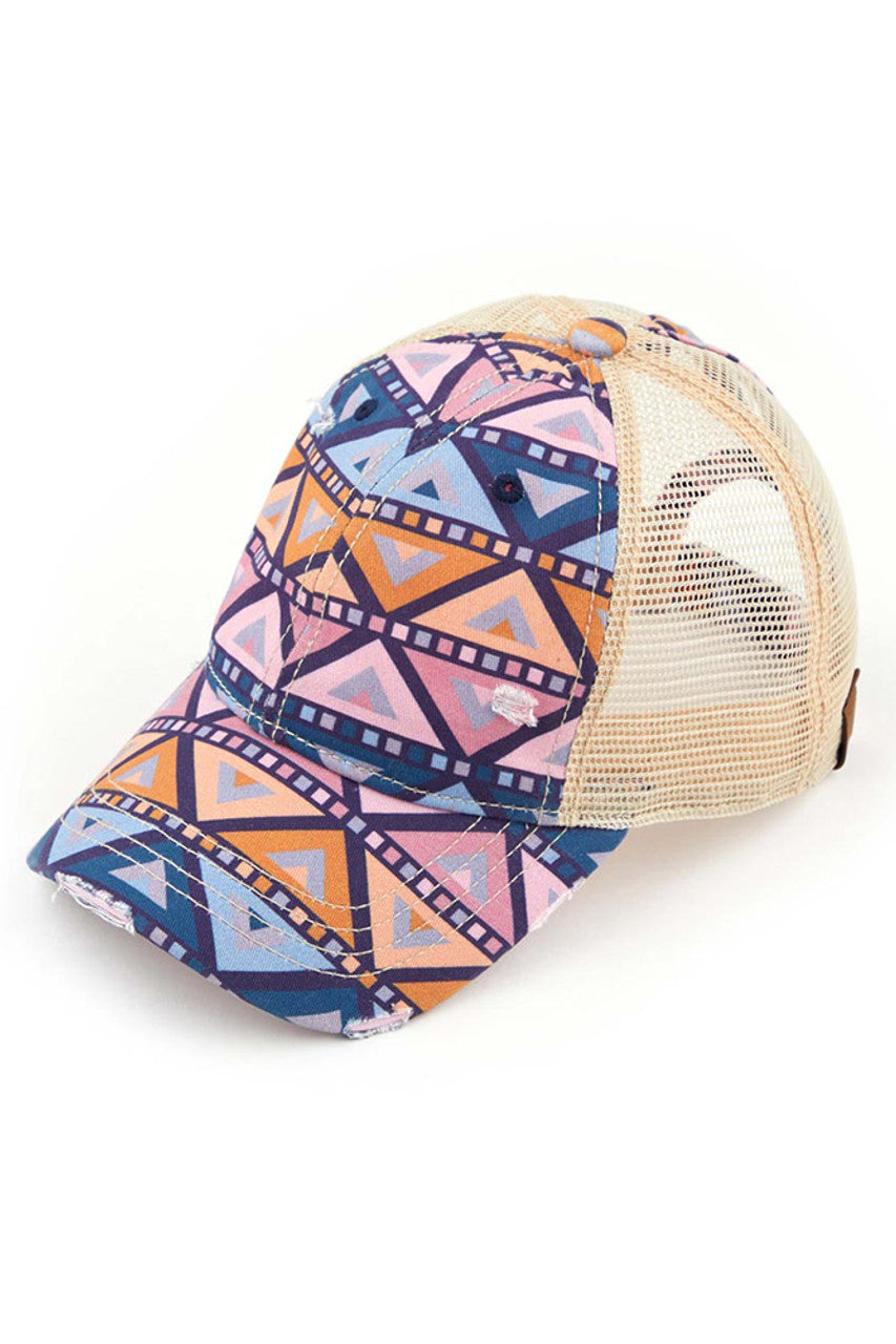 Mauve C.C AZTEC CAMO MESH PONYCAP offers a stylish and functional solution for sunny days. With its unique Aztec camo design and breathable mesh panel, this ponytail-friendly cap is perfect for any outdoor activity. Stay cool and on-trend while protecting yourself from the sun's harmful rays.