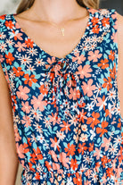 Meadow Mischief Sleeveless Romper in Navy/Orange/Teal - Charming Charlie