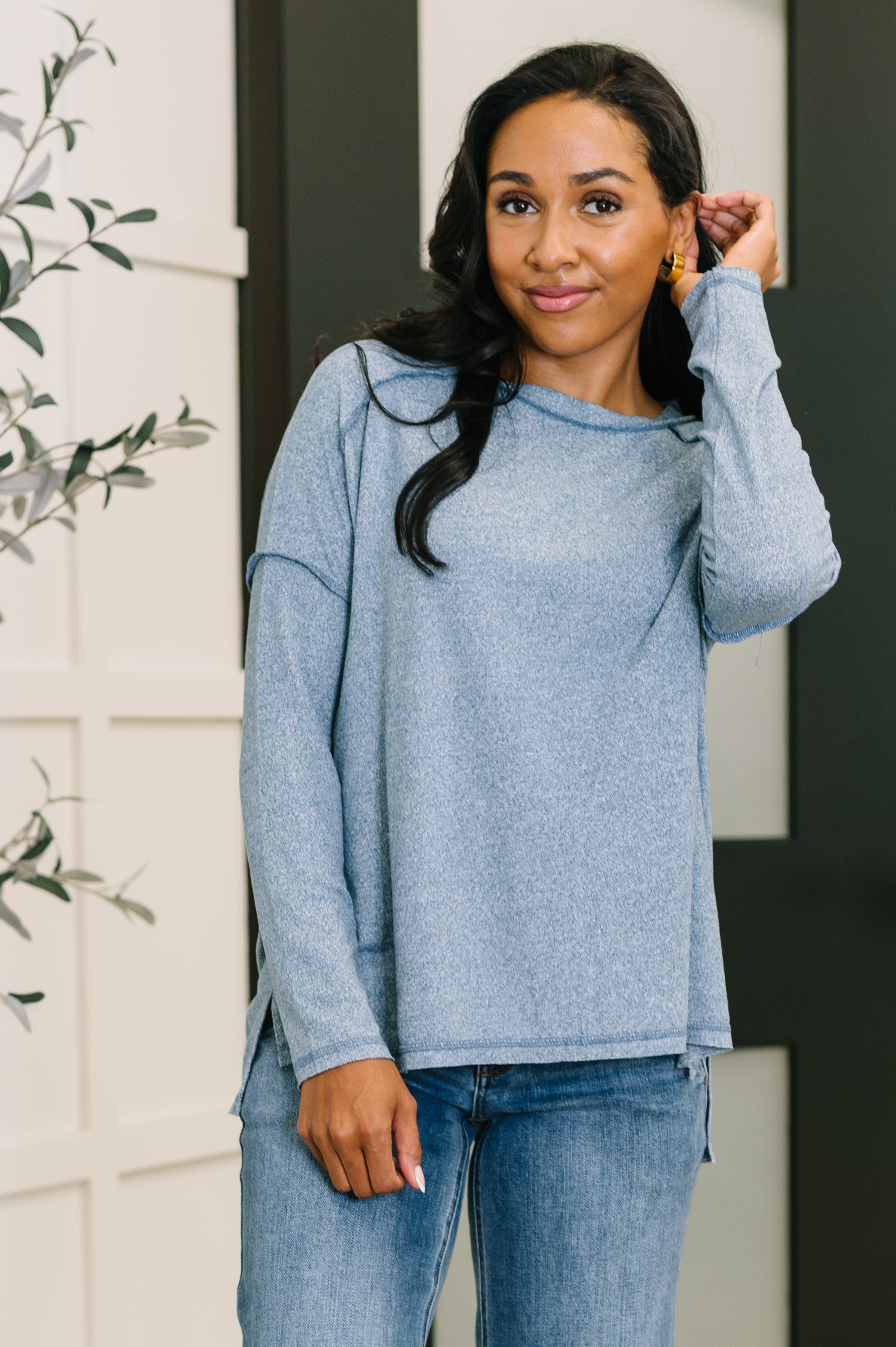 Mellow Mood Heathered Pullover in Dusty Blue - Charming Charlie