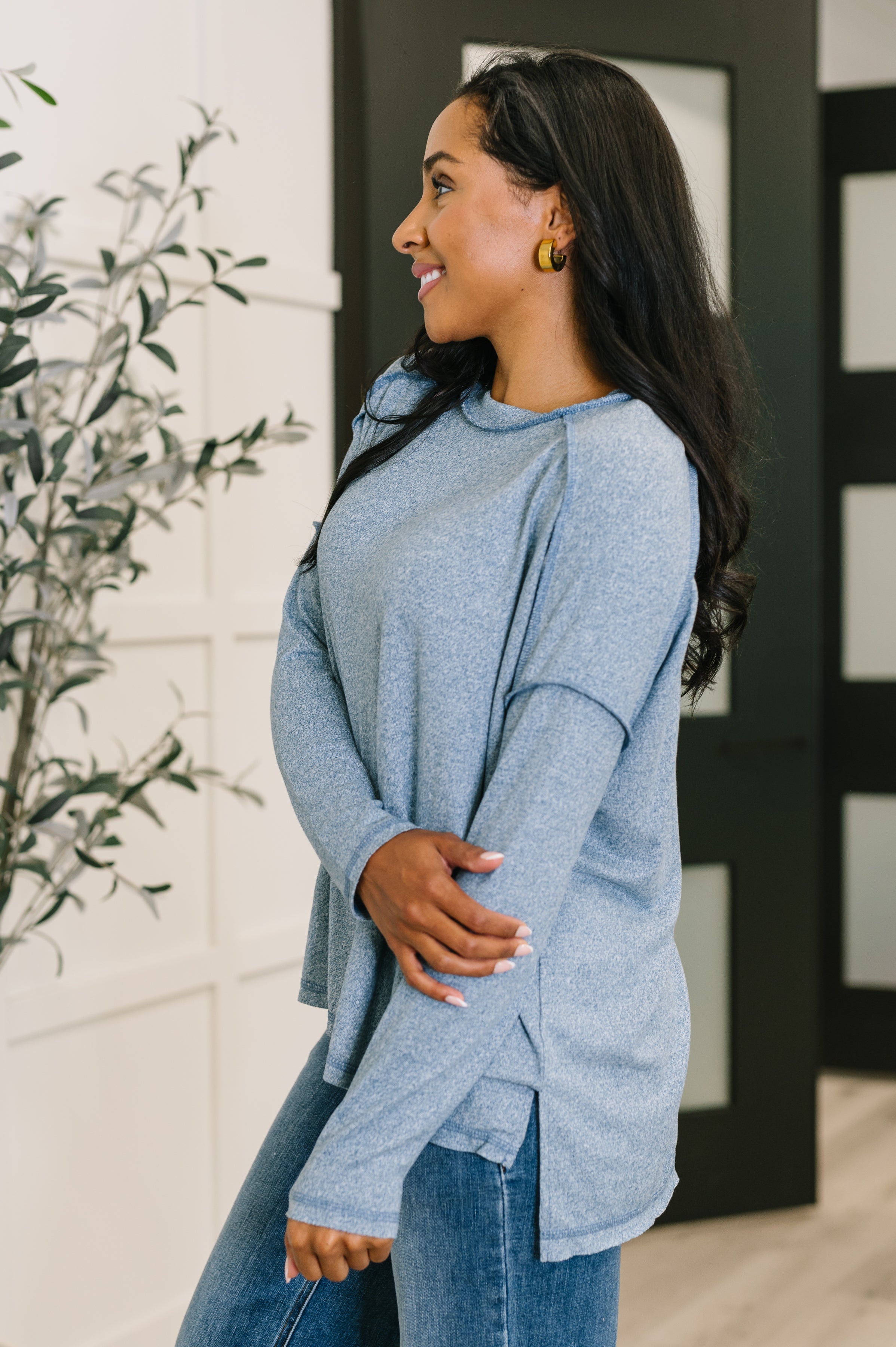 Mellow Mood Heathered Pullover in Dusty Blue - Charming Charlie
