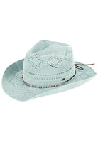 Mint C.C Beaded Charm Trim Woven Cowboy Hat is the perfect accessory for any western inspired look. With intricate beaded charm trim, this hat adds a touch of elegance to its woven design. Made from durable materials, it provides both style and functionality. Upgrade your outfit with this stylish cowboy hat.