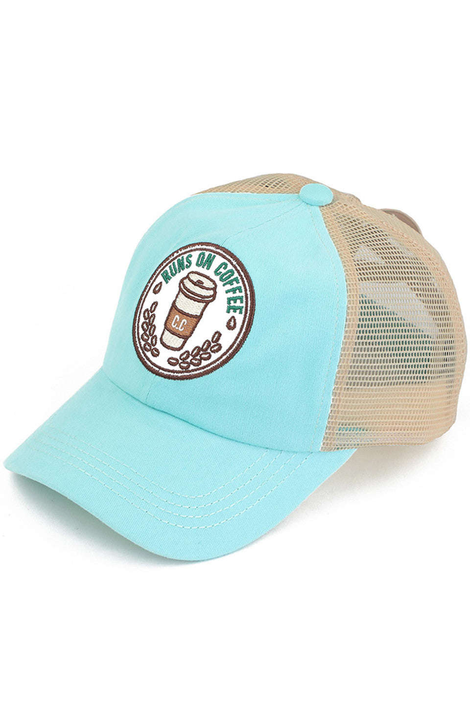 C.C RUNS ON COFFEE Patch Criss Cross Pony Cap - Charming Charlie
