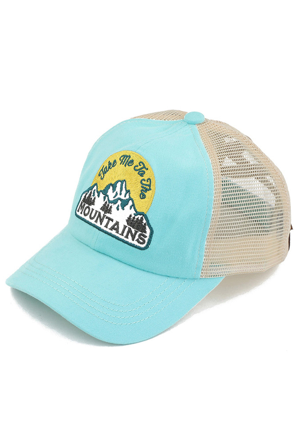 Mint C.C TAKE ME TO THE MOUNTAINS PATCH PONY CAP is the perfect accessory for any outdoor adventure. With its durable design and stylish mountain patch, this cap will keep you protected from the sun while showing off your love for the great outdoors. Stay comfortable and on-trend all day long.