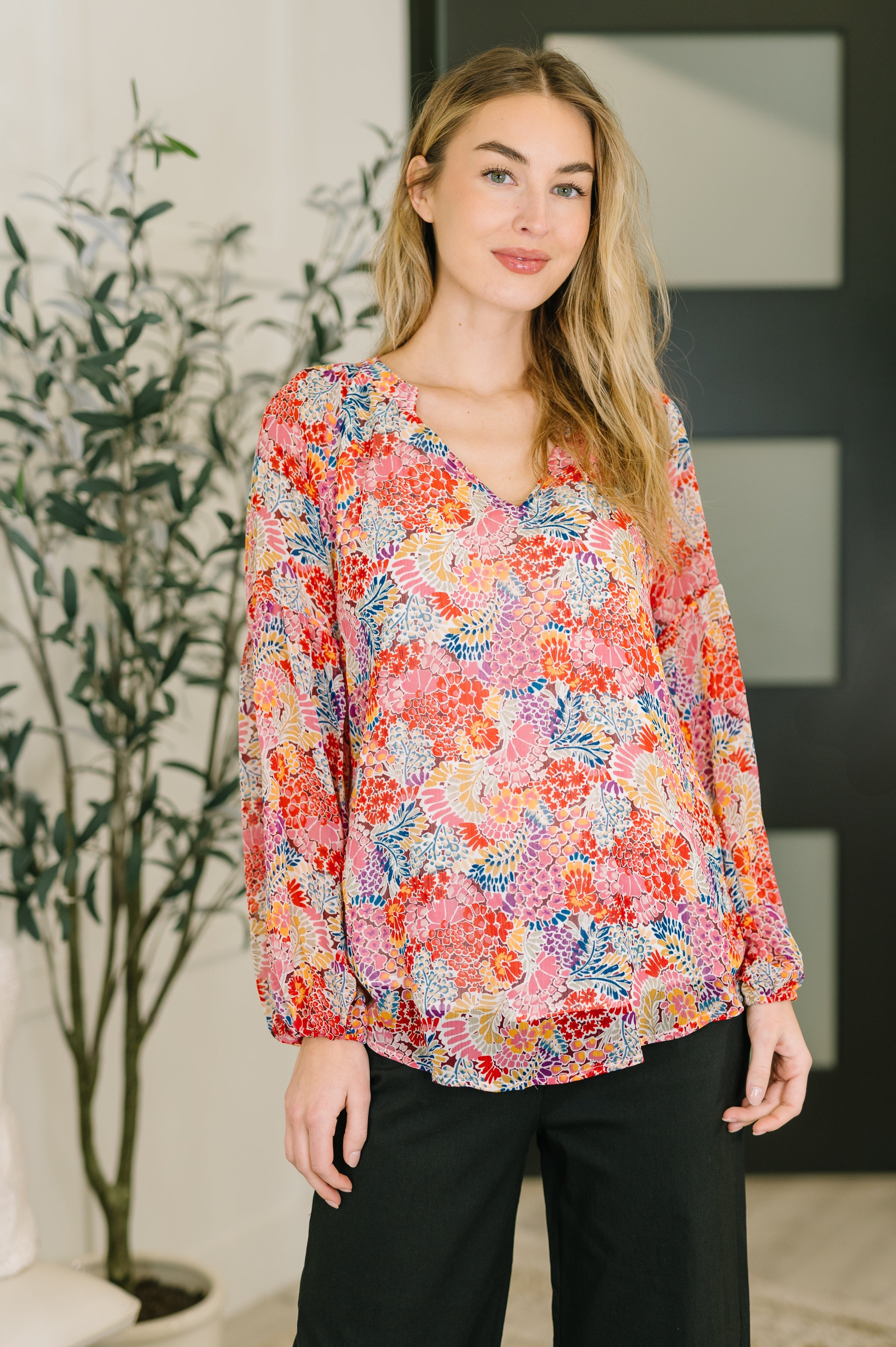 Modern Meadow V-Neck Puff Sleeve Blouse - Charming Charlie