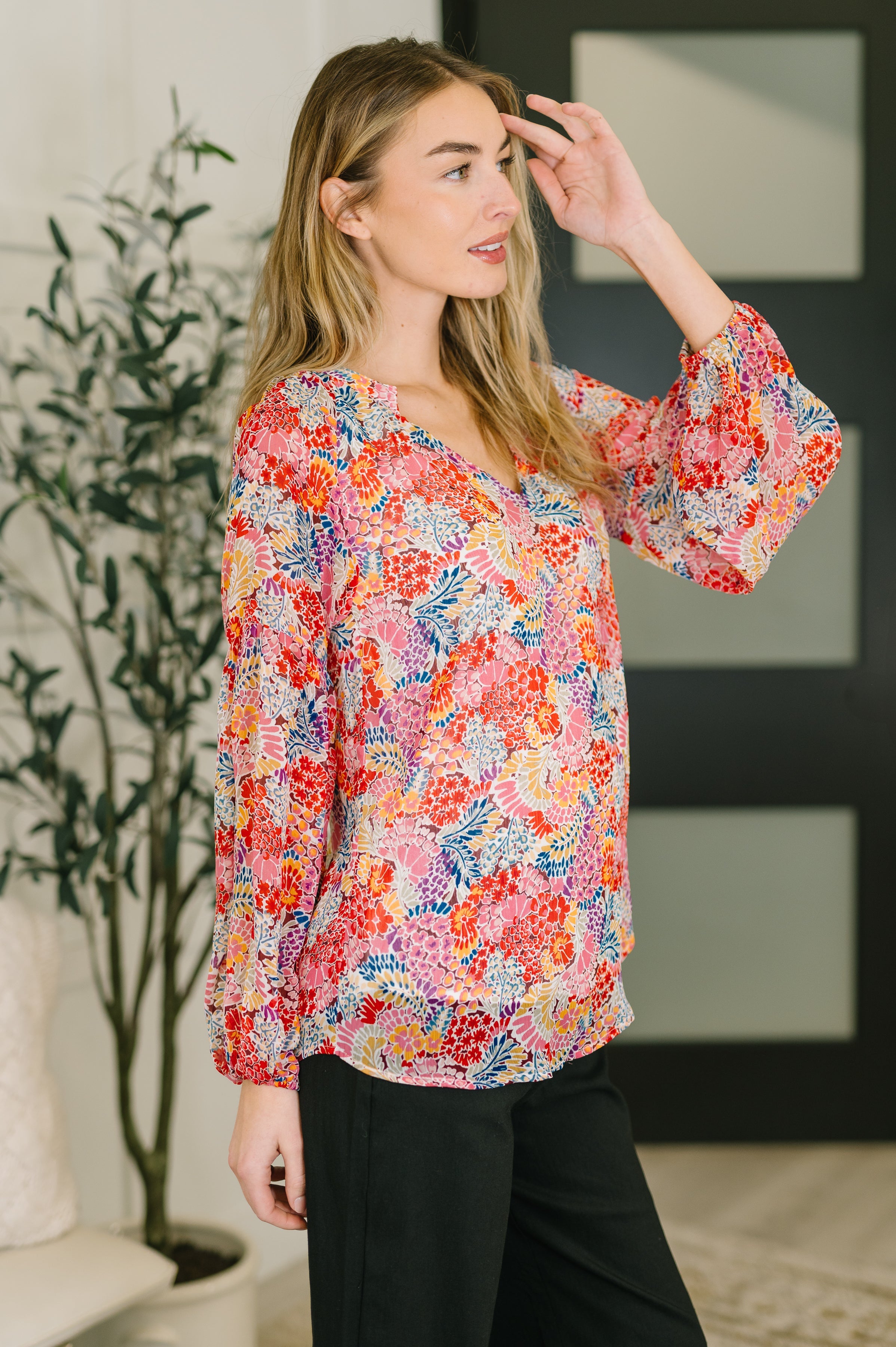 Modern Meadow V-Neck Puff Sleeve Blouse - Charming Charlie