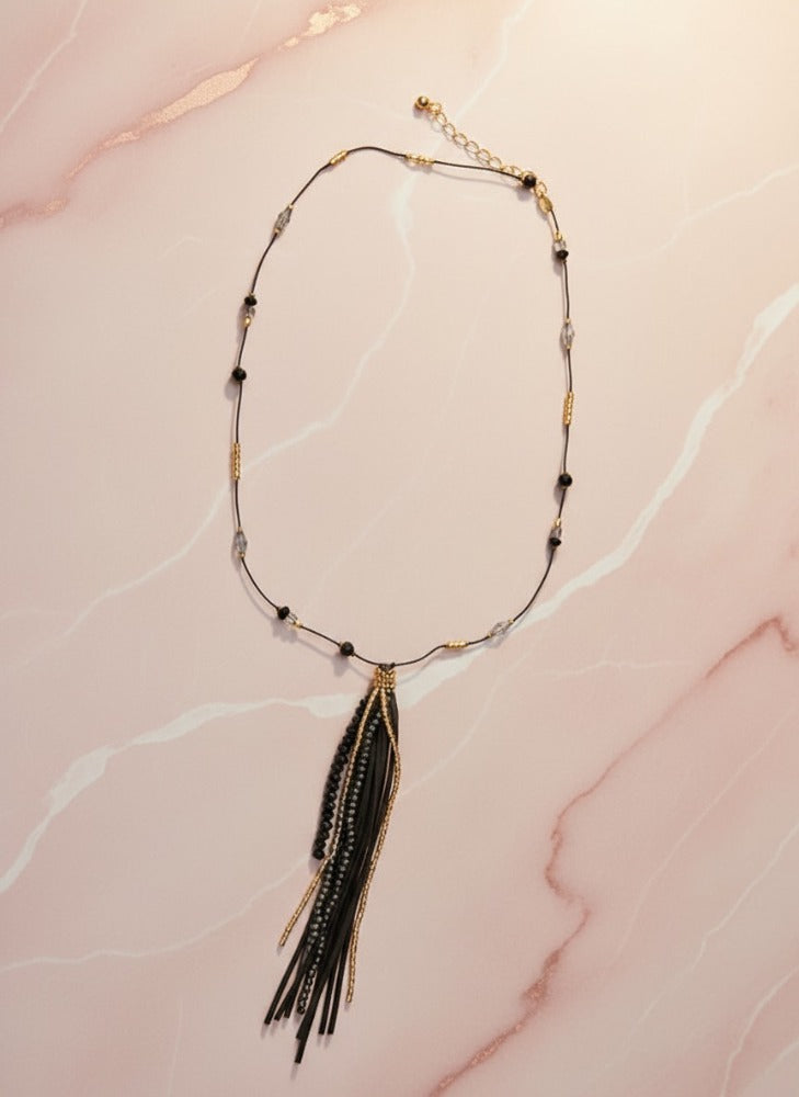 Black & Gold Tassel Bead Necklace - Charming Charlie