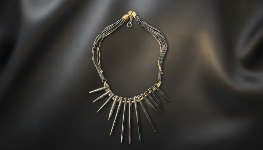 Black Leather Chain Spikes Necklace - Charming Charlie