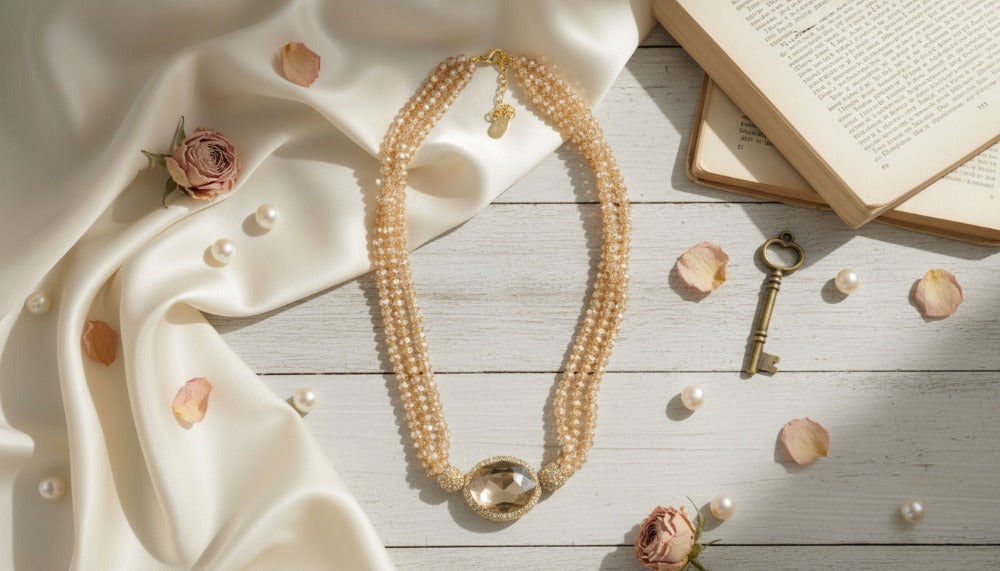 Crystal Beads with Golden Stone Necklace - Charming Charlie