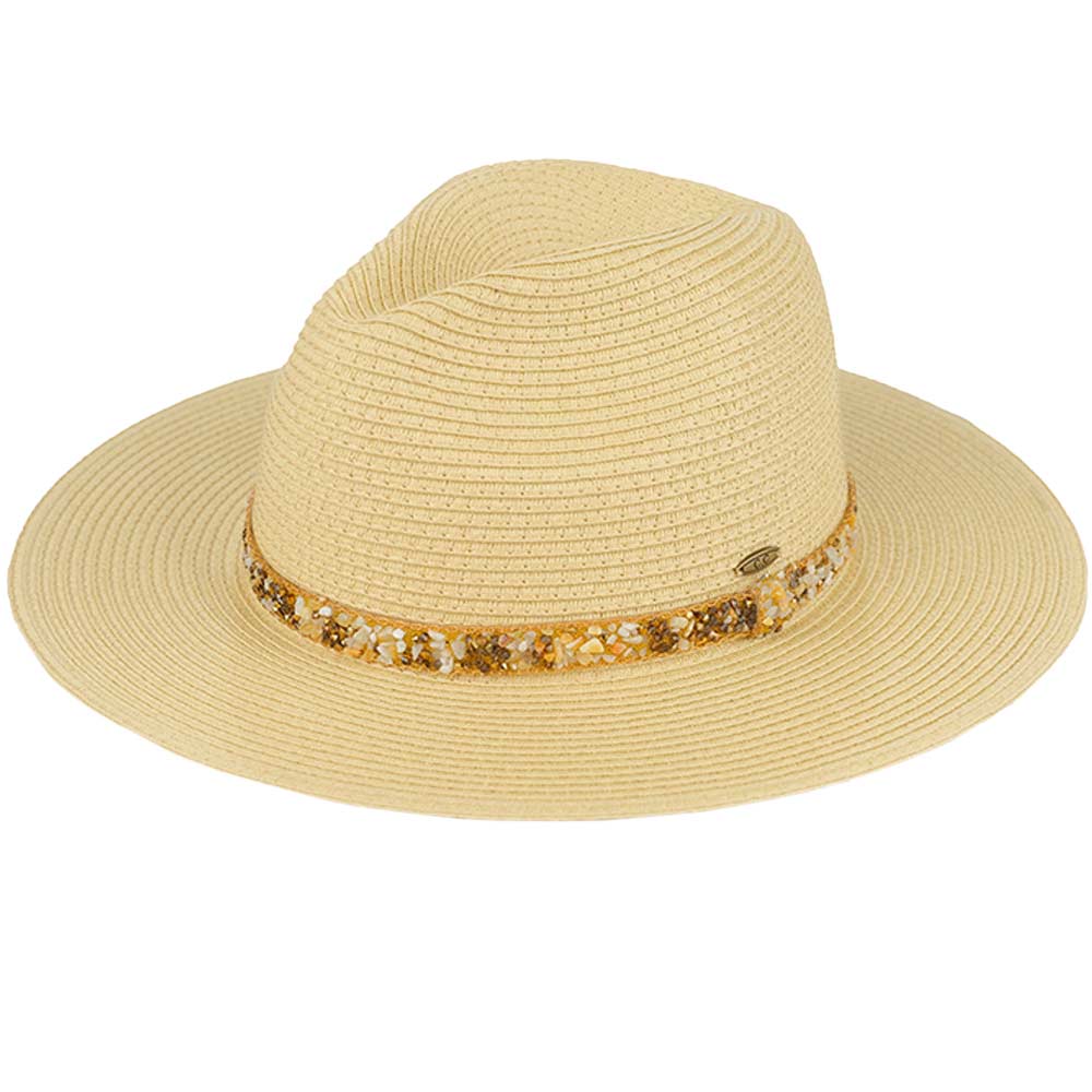 Dark Natural Brown C.C Gem Stone Trim Band Straw Panama Sunhat, Keep your styles on even when relaxing at the pool or playing at the beach. Large, comfortable, and perfect for keeping the sun off your face, neck, and shoulders. Perfect summer, beach accessory. Ideal for travelers who are on vacation or just spending some time in the great outdoors. A great sunhat can keep you cool and comfortable even when the sun is high in the sky.