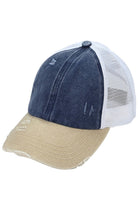 Navy-Beige C.C 3 Tone Crossed Mesh Back Trucker Pony Cap combines stylish design with functionality. Its mesh back allows for breathability, while the crossed design adds a unique touch. Perfect for those looking for a trendy yet practical cap option.