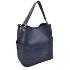 Navy Blue 2in1 Chic Satchel Side Pocket With Long Strap Bucket Bag, This casual crossbody bucket bag is super soft Vegan leather and has convenient side pockets to carry water bottles, phones, or glasses and a removable zipper pouch. Gold hardware. Extra bag inside and strap to make it a crossbody. Perfect for carrying around your stuff, this bag is big enough for all your daily essentials.