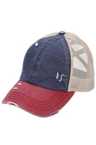 Navy C.C 3 Tone Crossed Mesh Back Trucker Pony Cap combines stylish design with functionality. Its mesh back allows for breathability, while the crossed design adds a unique touch. Perfect for those looking for a trendy yet practical cap option.