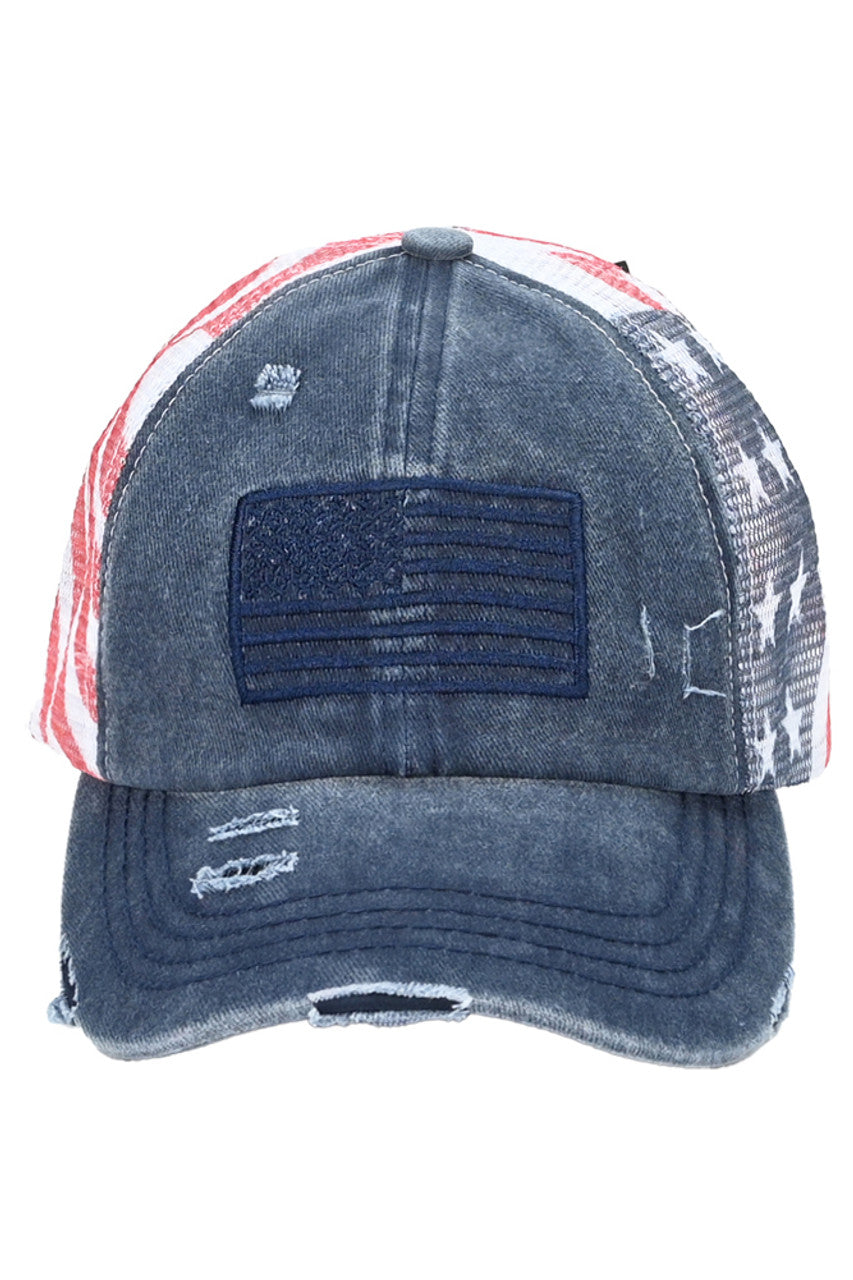 C.C American Flag Mesh Back Trucker Hat Pony Cap is a perfect addition to any patriotic wardrobe. Its mesh back design offers breathability while the American flag print adds a touch of style. Expertly crafted with a pony cap shape, this hat is sure to keep you looking cool and patriotic