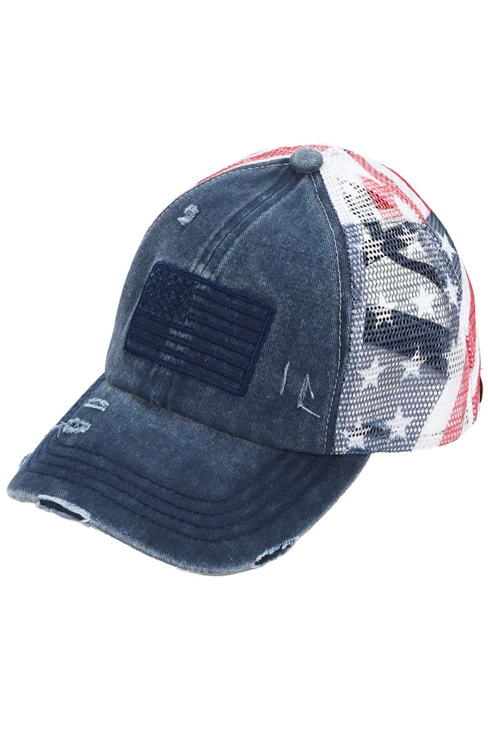 Navy-C.C American Flag Mesh Back Trucker Hat Pony Cap is a perfect addition to any patriotic wardrobe. Its mesh back design offers breathability while the American flag print adds a touch of style. Expertly crafted with a pony cap shape, this hat is sure to keep you looking cool and patriotic
