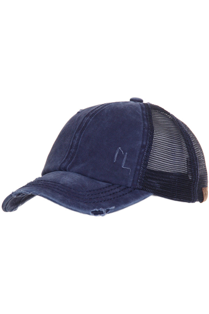 Navy C.C BASEBALL PONYCAP is the perfect combination of fashion and function. Made with high-quality materials, it provides both style and protection from the sun. Its adjustable strap ensures a comfortable fit for all head sizes. Stay trendy and protected with the C.C BASEBALL PONYCAP.