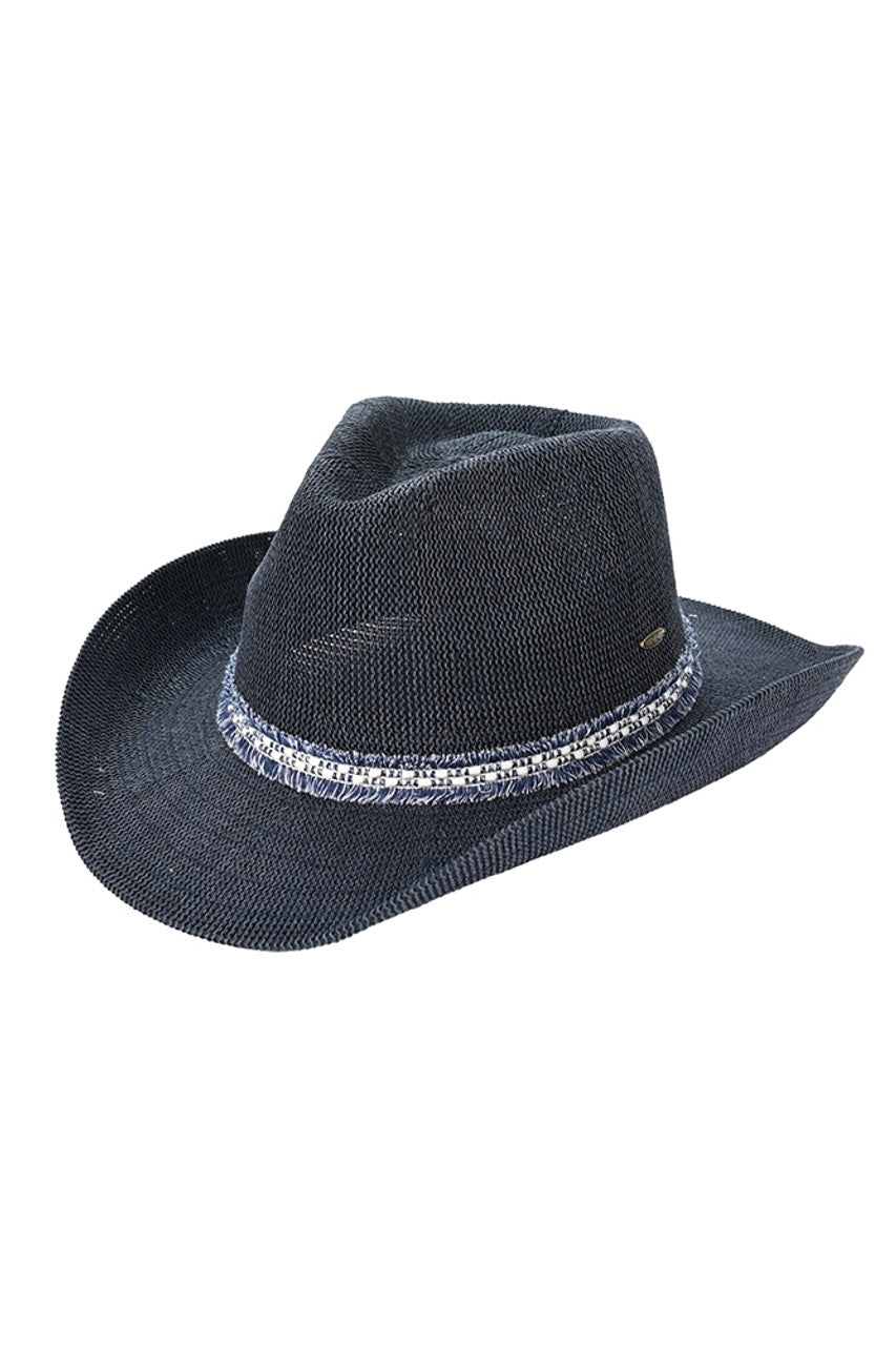 Navy C.C Cowboy Hat With Fringe Trim Bands features stylish fringe trim bands, adding a touch of western flair to any outfit. Made with quality materials, it offers both durability and fashion. Stay on trend and protected from the sun with this must-have accessory for any outdoor enthusiast.