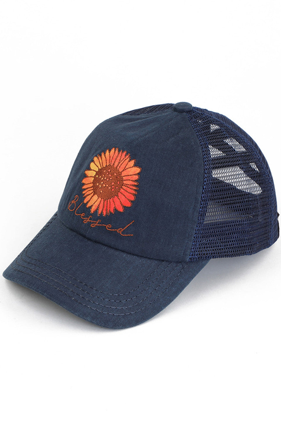 Navy C.C DAISY PATCH BLESSED PONY CAP is the perfect accessory for any ponytail! With the bonus of a daisy patch, this cap not only keeps you in style but also adds a touch of femininity to your look. Keep your hair out of your face and elevate your outfit with this cap.