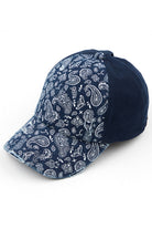 Navy C.C Paisley Ponytail Baseball Cap is the perfect blend of style and functionality. Its unique design allows for a ponytail to be pulled through, keeping hair in place while also providing sun protection. Made with high-quality materials, this cap is a must-have for any fashion-forward and active individual.