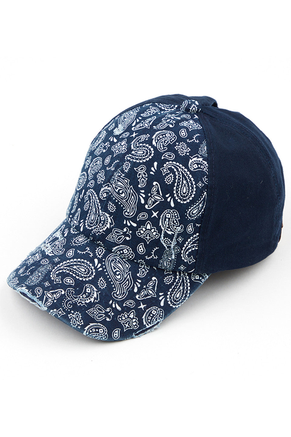 Navy C.C Paisley Ponytail Baseball Cap is the perfect blend of style and functionality. Its unique design allows for a ponytail to be pulled through, keeping hair in place while also providing sun protection. Made with high-quality materials, this cap is a must-have for any fashion-forward and active individual.