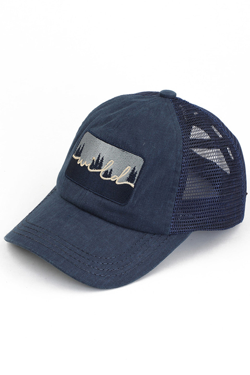 Navy C.C. WILD PATCH CRISS CROSS PONY CAP offers a stylish and functional way to keep your hair in place while out and about. The crisscross design adds a unique touch, while the wild patch adds a pop of colour to your outfit. Made with high-quality materials, this cap is durable and long-lasting.