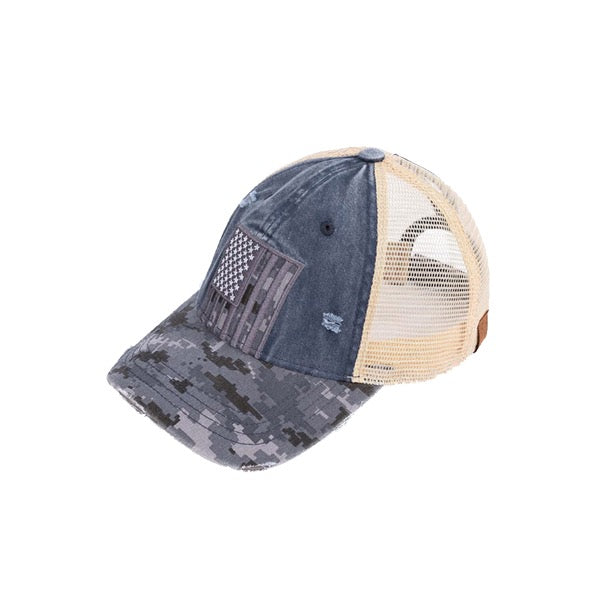 Navy C.C US FLAG MESH PONYCAP is perfect for those looking for a stylish, patriotic accessory. Made with breathable mesh and featuring an American flag patch, this ponytail cap is both functional and fashionable. Show off your American pride with this versatile and comfortable hat option.