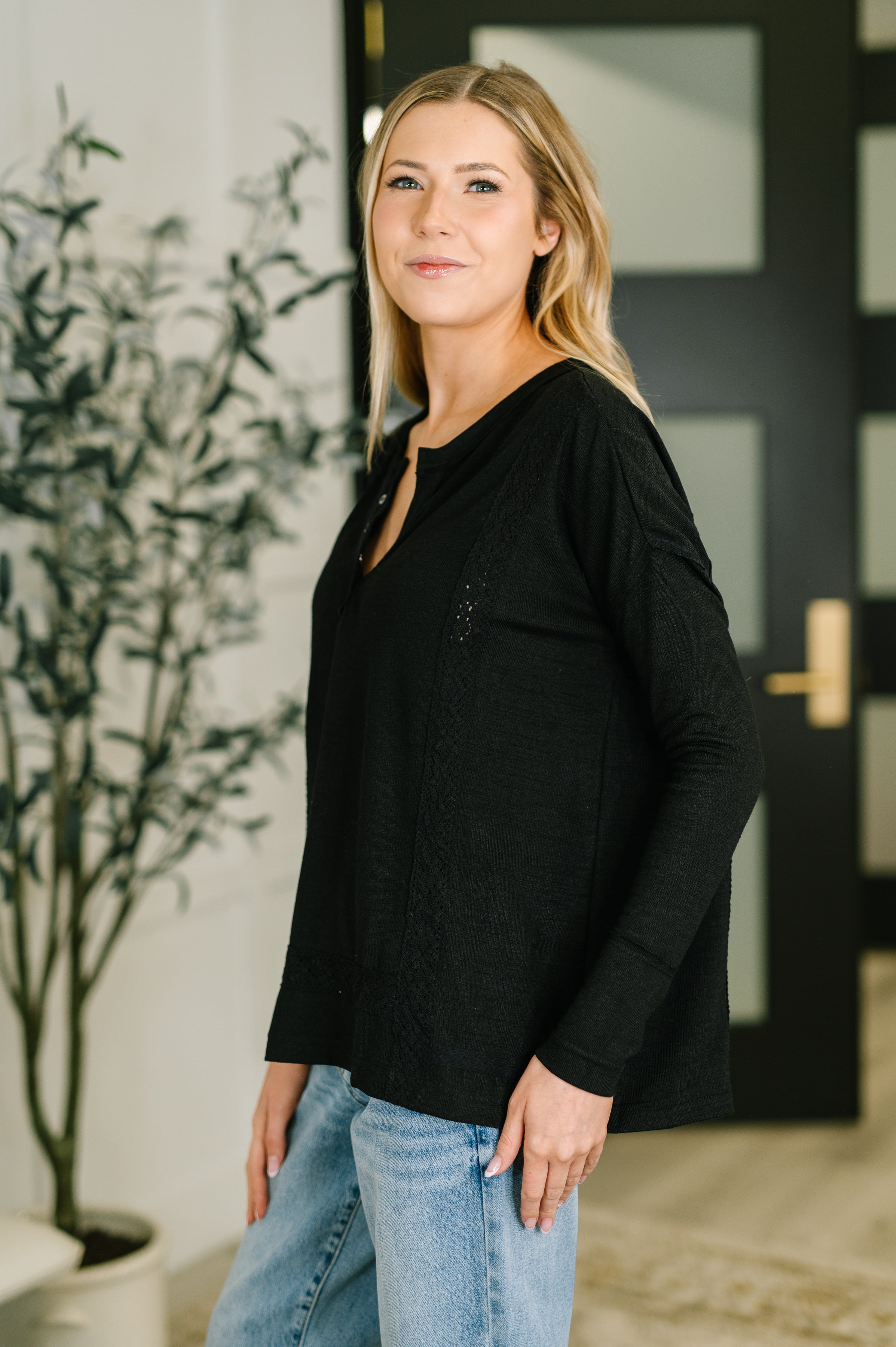 Never Been So Sure Lace Accent Henley Top in Black - Charming Charlie