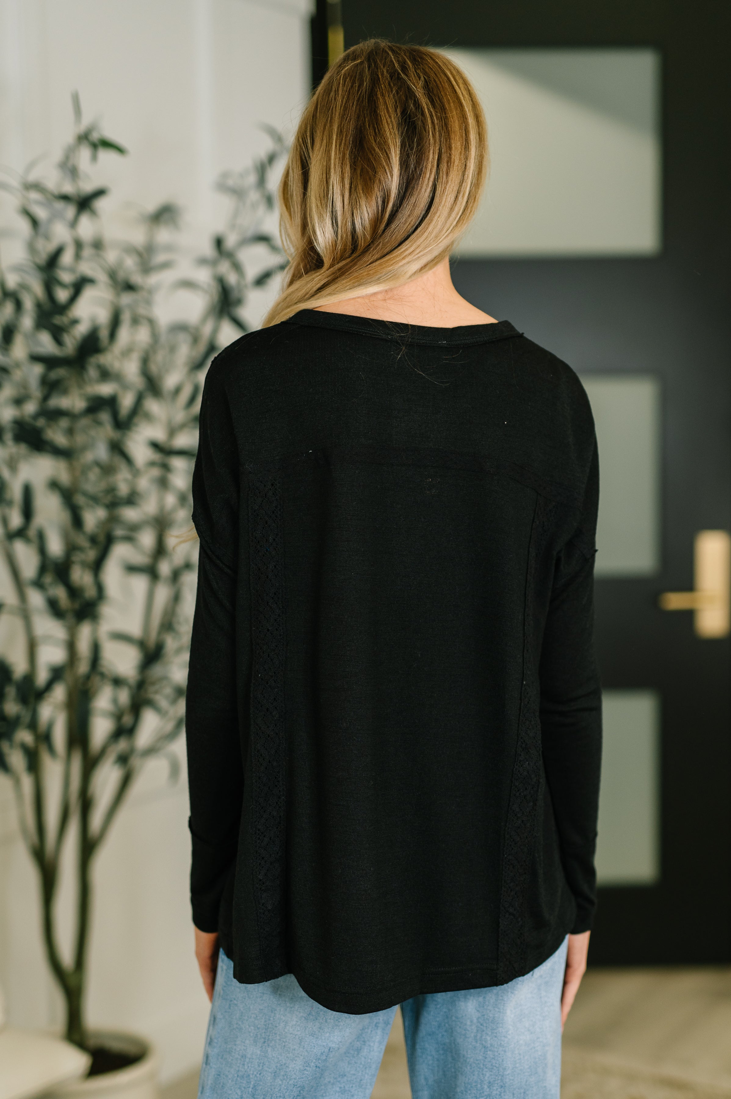 Never Been So Sure Lace Accent Henley Top in Black - Charming Charlie