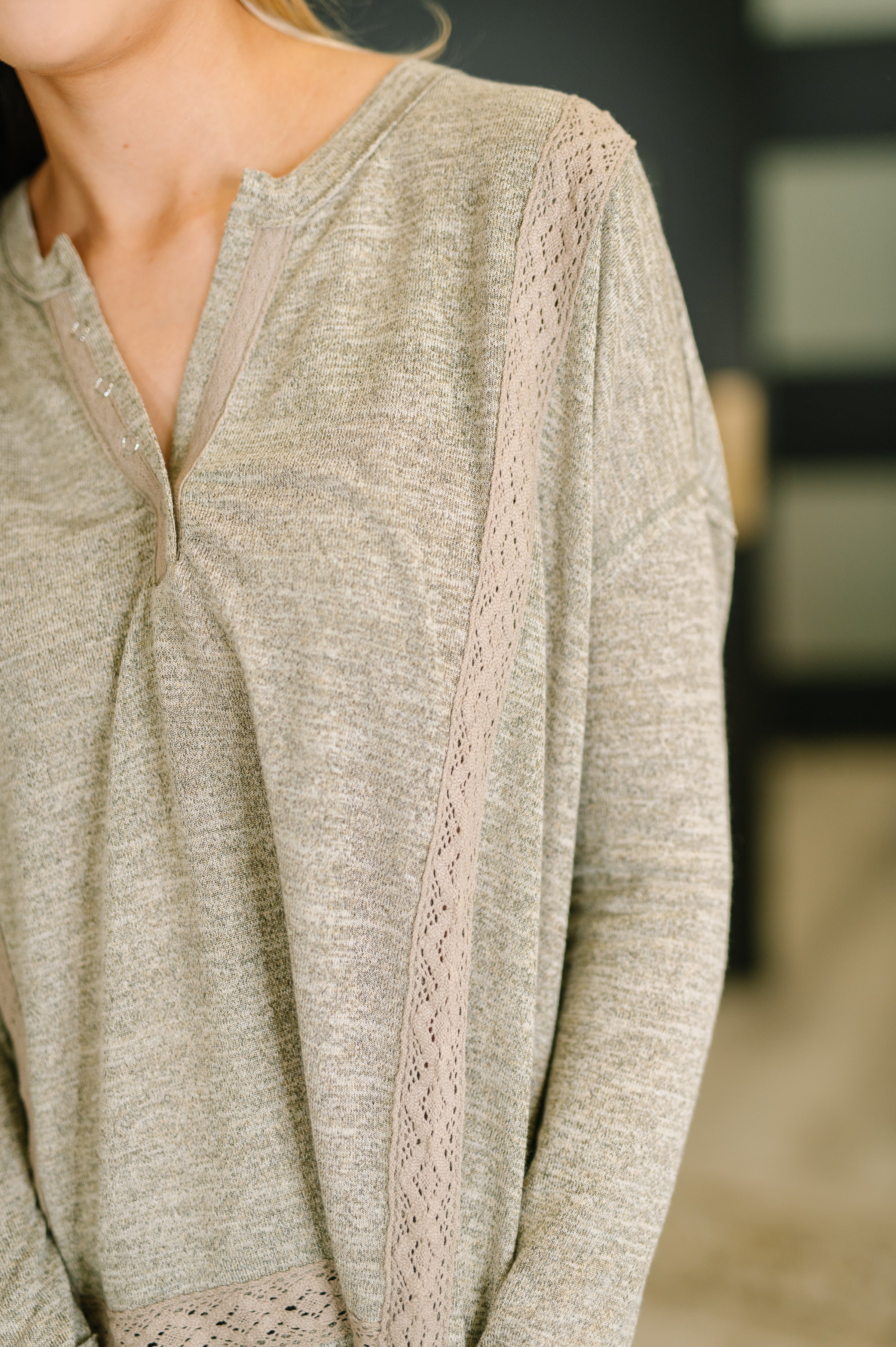 Never Been So Sure Lace Accent Henley Top in Taupe - Charming Charlie