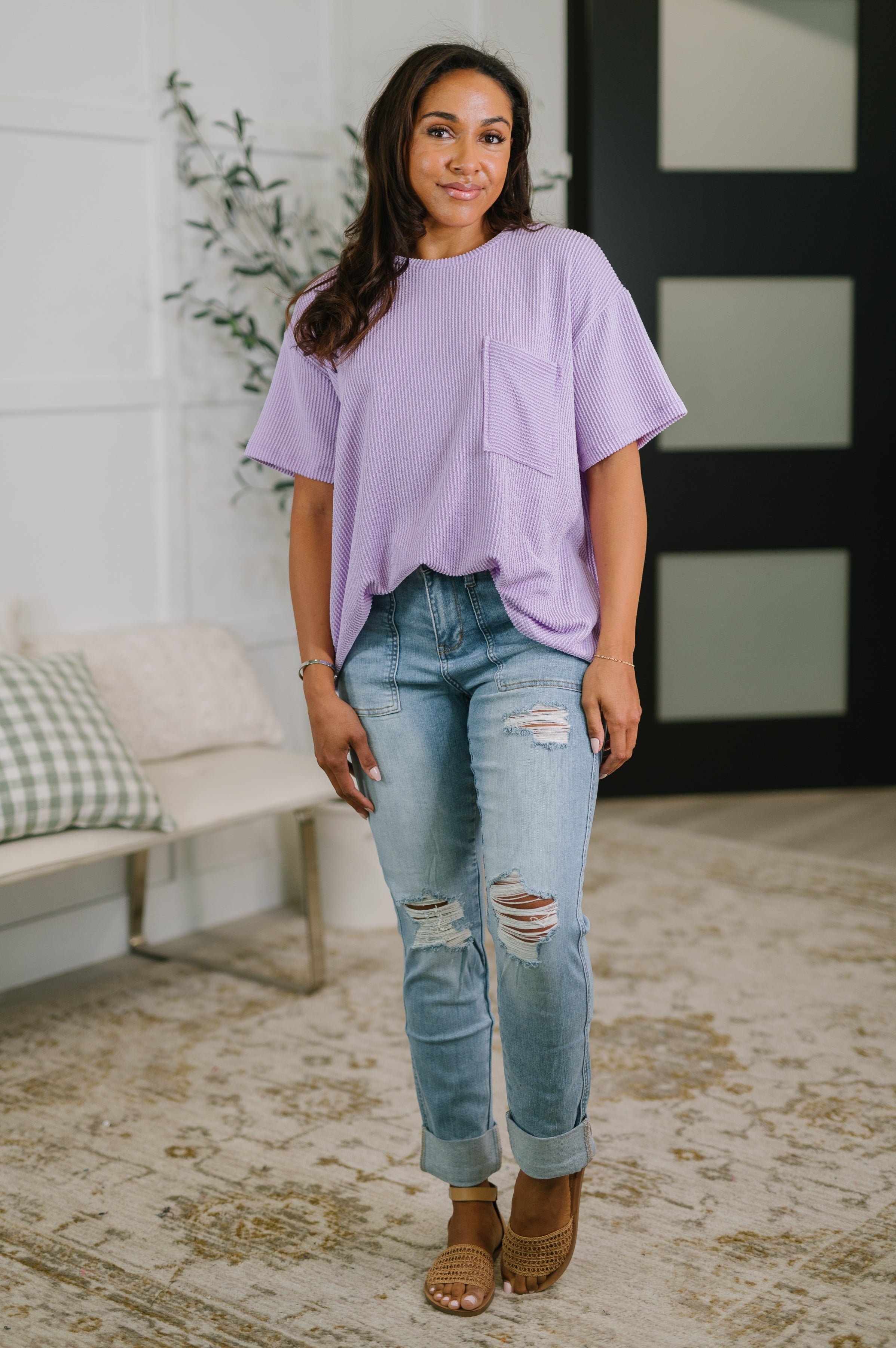 Not That complicated Textured Boxy Tee in Lavender - Charming Charlie