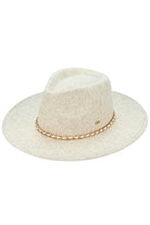 Oatmeal C.C Chain Trim Band Vegan Felt Panama Hat is a stylish and sustainable accessory. Made with vegan felt, it features a trendy chain trim band for added flair. Protect your skin from the sun while making a fashion statement.